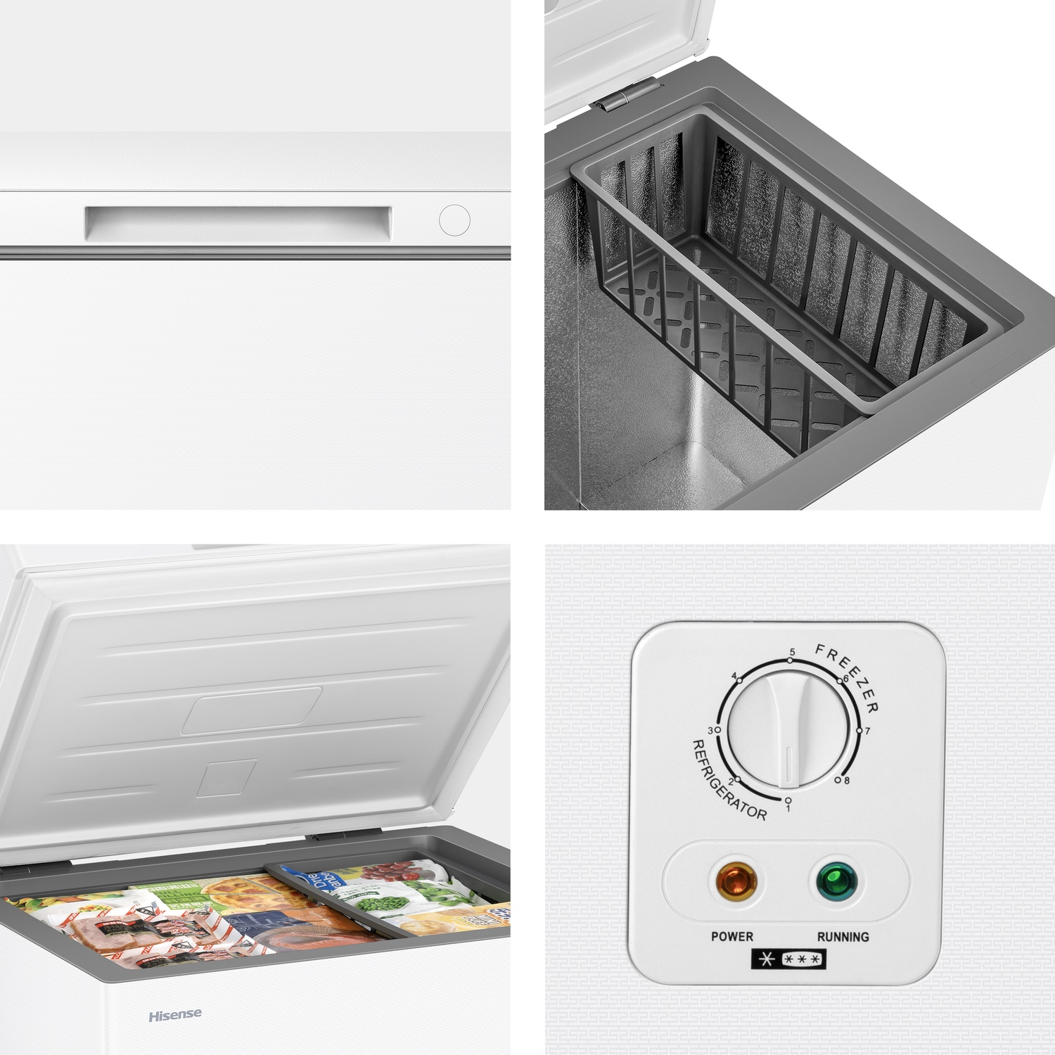 Primo piano di un congelatore a pozzetto Hisense bianco con coperchio aperto, che mostra alimenti surgelati.