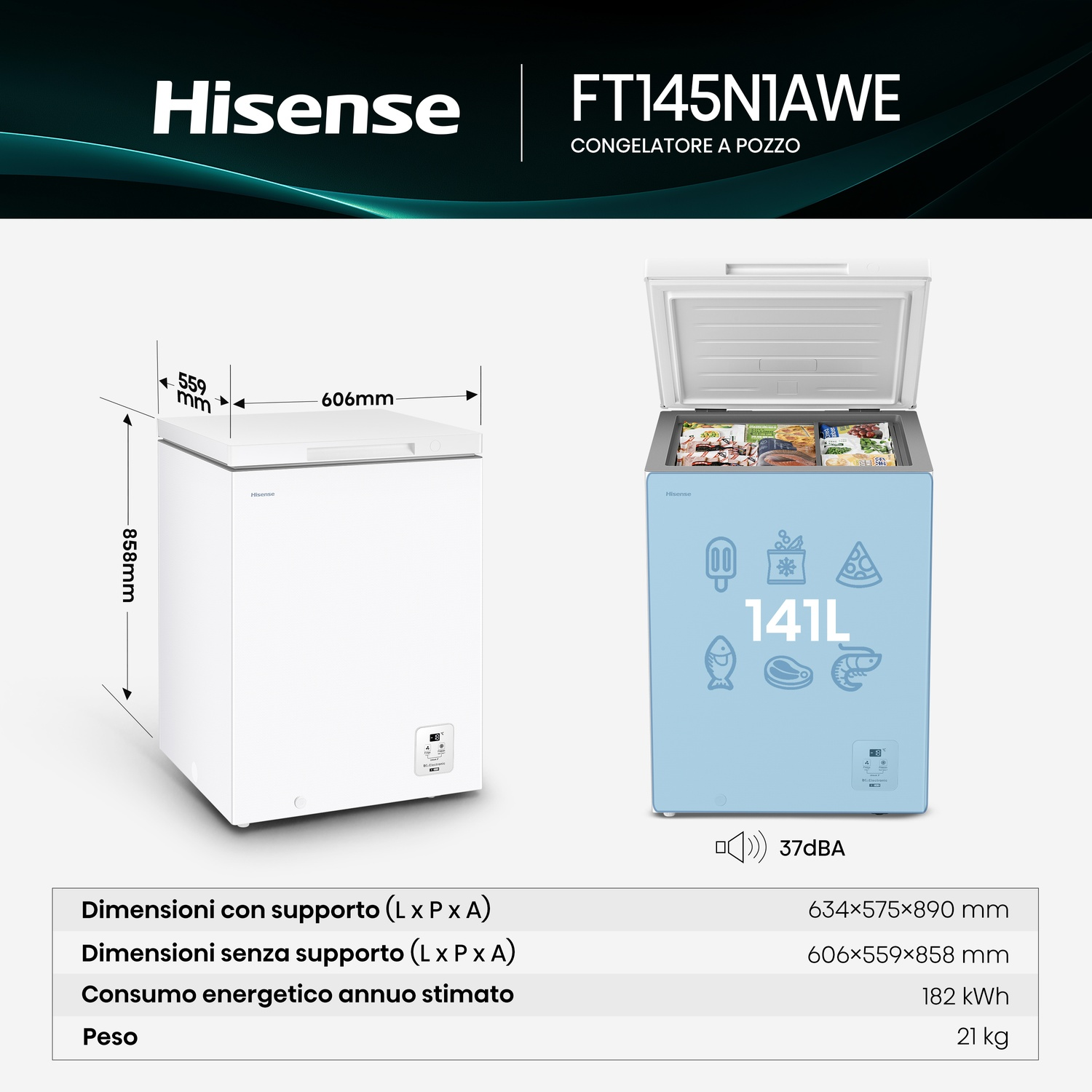 Congelatori Hisense bianchi e azzurri mostrati con dimensioni e capacità di 141L.