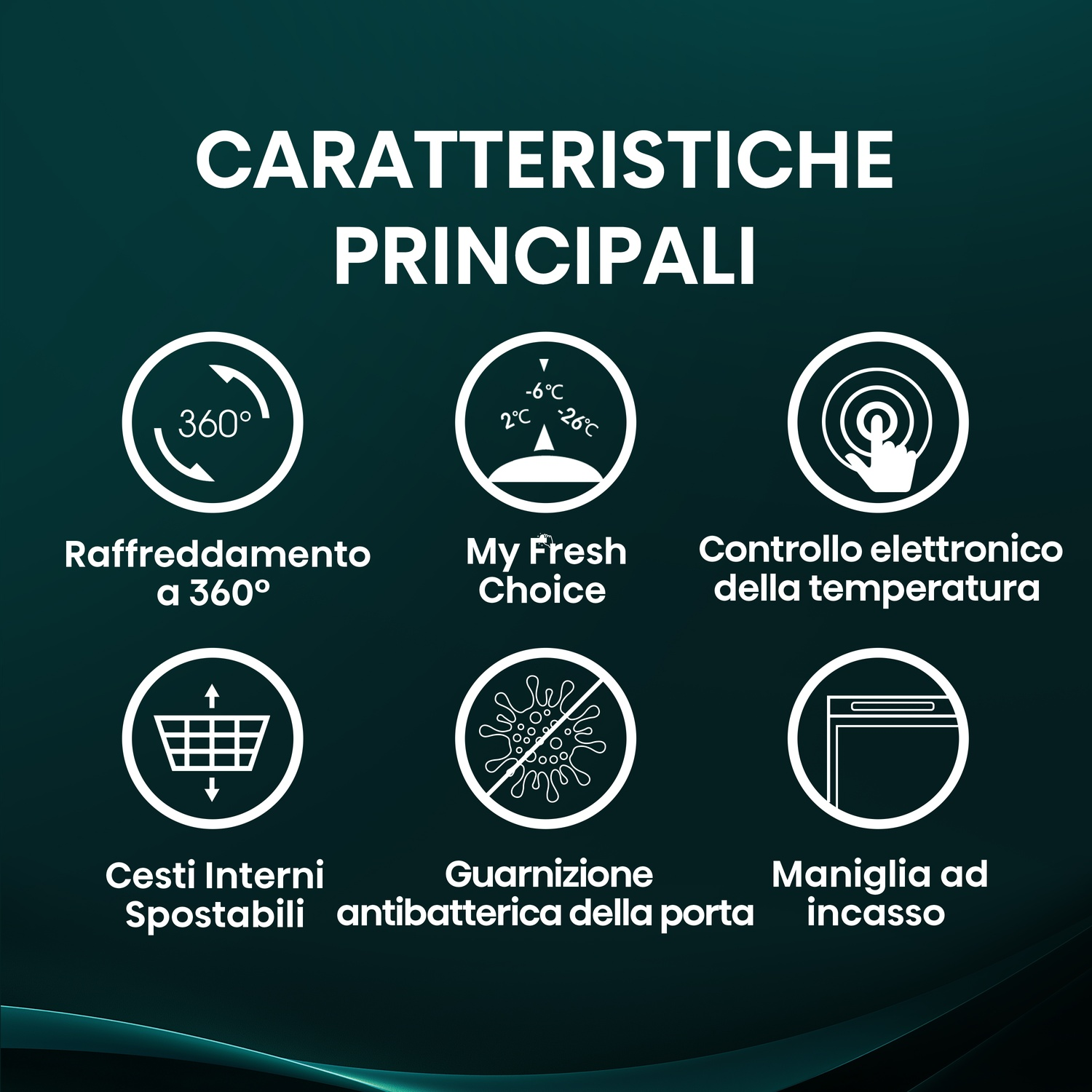 Caratteristiche principali: raffreddamento 360°, My Fresh Choice, controllo elettronico temperatura, cestelli spostabili, guarnizione antibatterica.