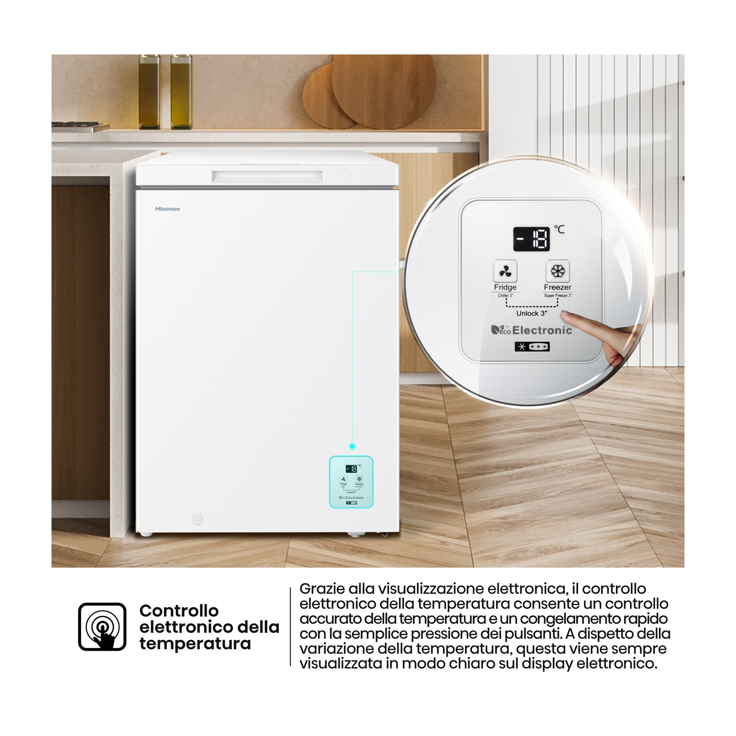 Un congelatore Hisense bianco con display digitale per temperatura e controlli.