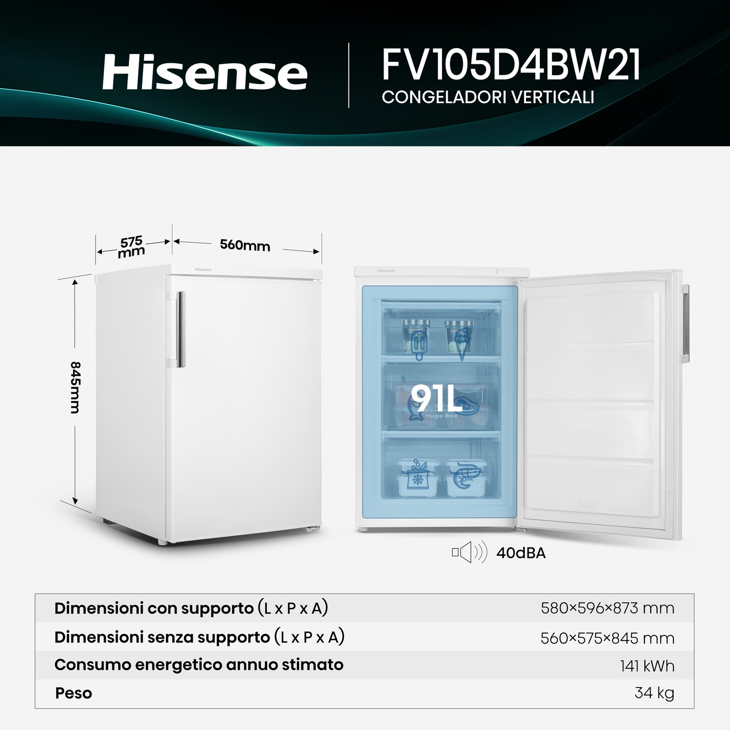 Congelatore verticale bianco Hisense FV105D4BW21, capacità 91L, con dimensioni e specifiche.
