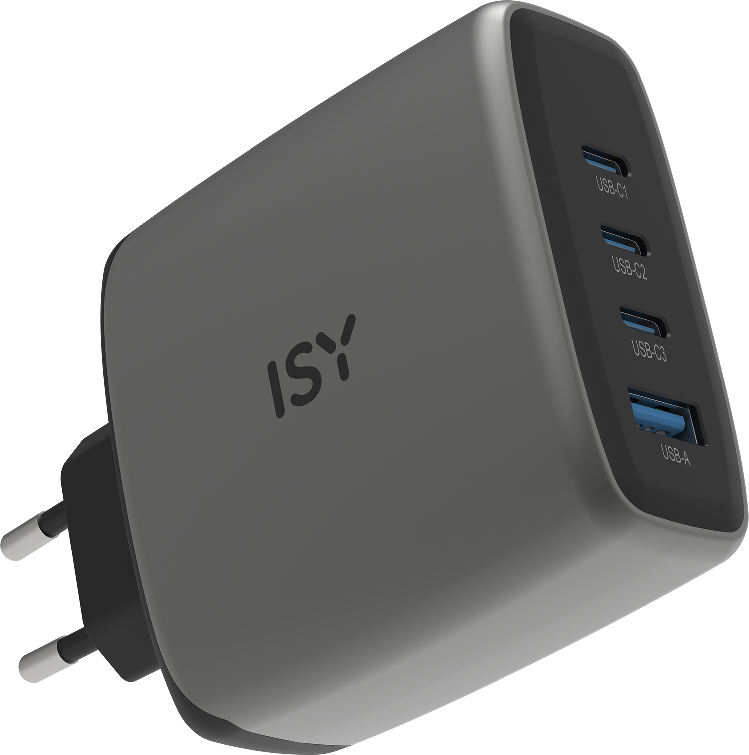 Grauer Netzstecker-Adapter mit 3 USB-C und 1 USB-A Anschluss.