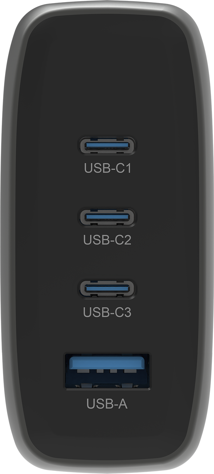Schwarzer Ladeadapter mit drei USB-C- und einem USB-A-Anschluss.