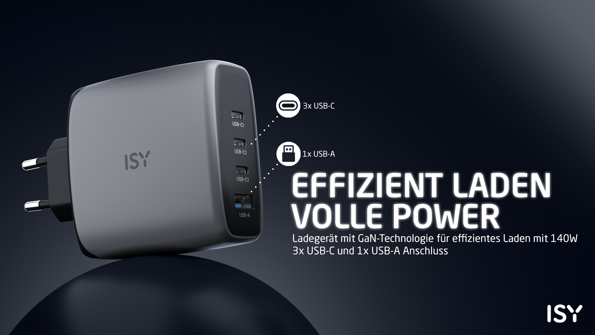 Graues ISY Ladegerät mit 3x USB-C und 1x USB-A Anschlüssen.
