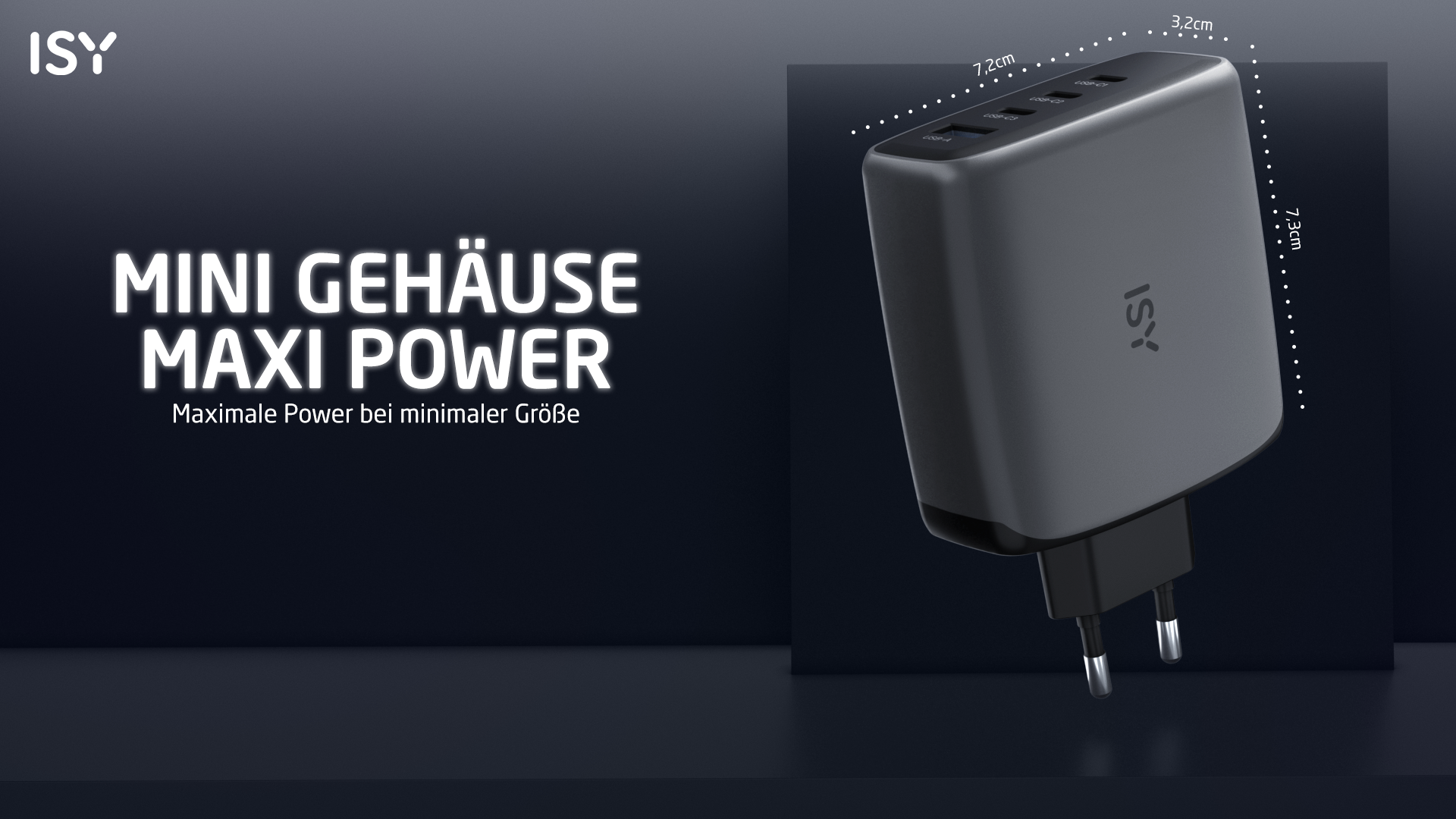 Grauer ISY Netzstecker mit 4 USB-Anschlüssen und Maßen.