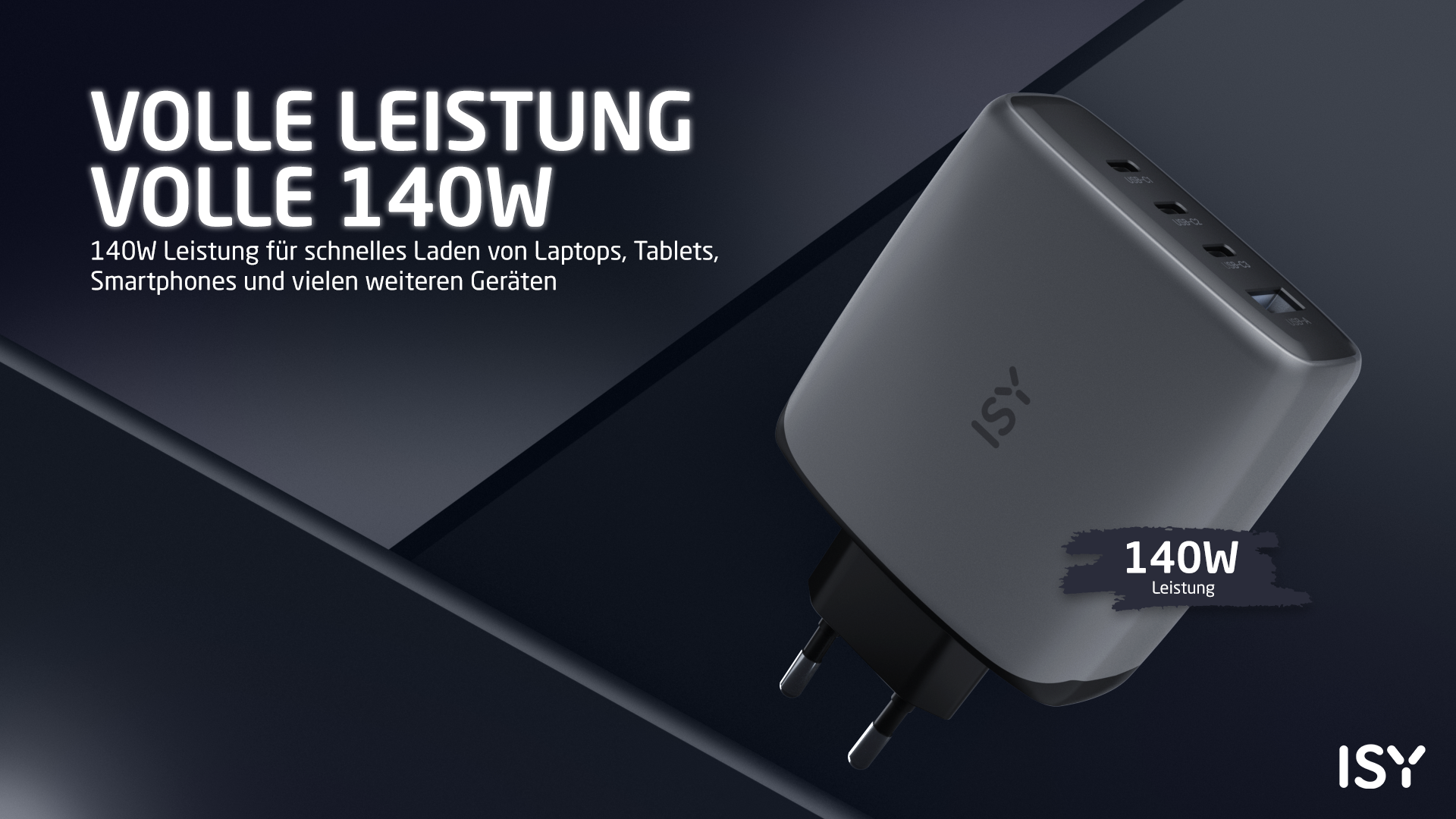 Grauer 140W ISY Netzstecker mit mehreren USB-Anschlüssen.