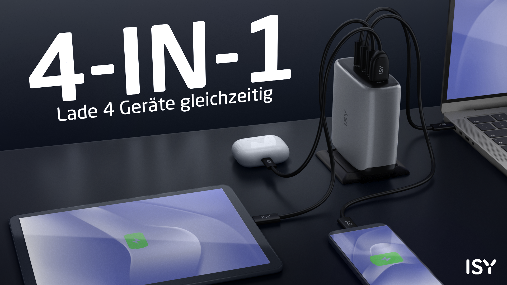 Ein graues 4-in-1-Ladegerät lädt Laptop, Tablet, Handy und Ohrhörer.