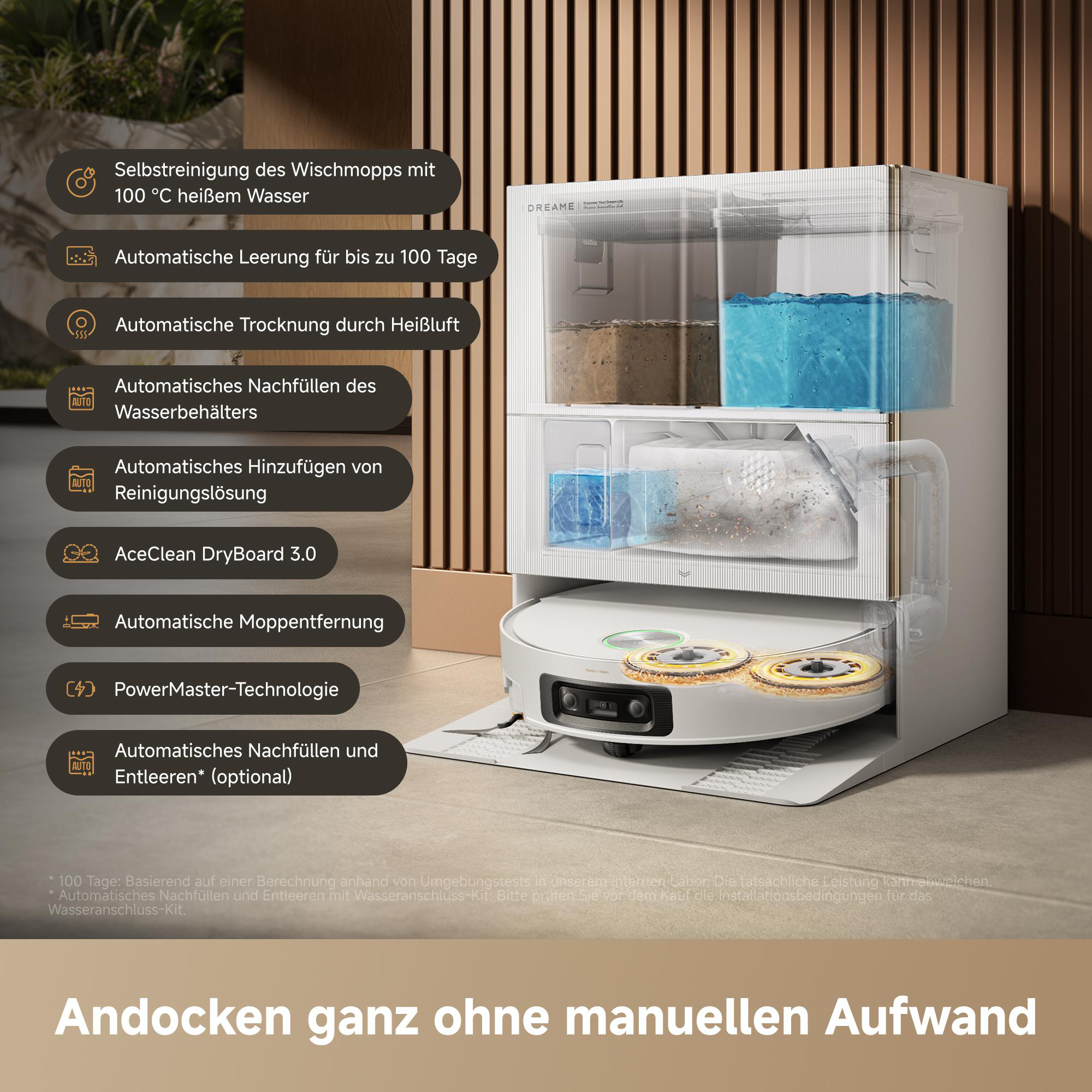 Ein Saugroboter mit Station, die Moppreinigung, Trocknung und Wasserauffüllung bietet.