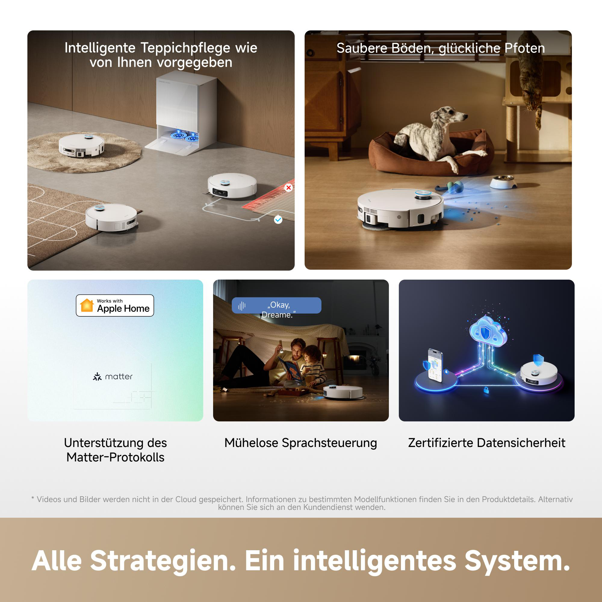 Roboterstaubsauger mit Dockingstation auf Teppich. Sprachsteuerung mit Kind. Cloud-Sicherheit.