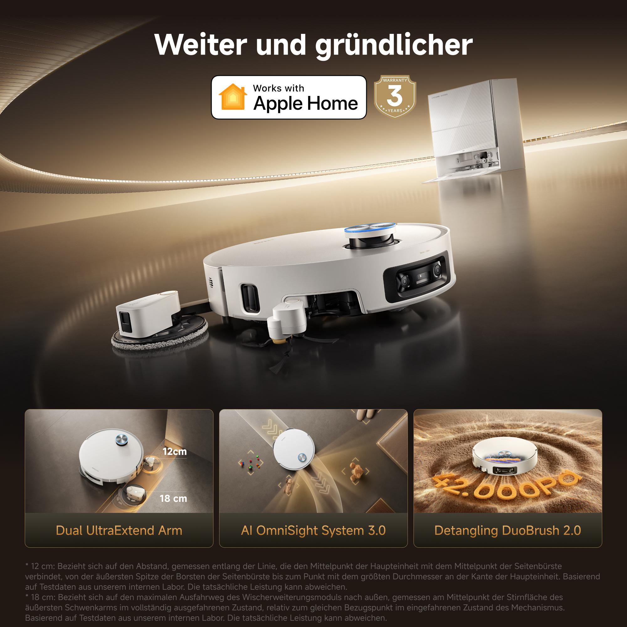 Ein weißer Saugroboter mit Wischfunktion, der mit dem Apple Home System kompatibel ist.