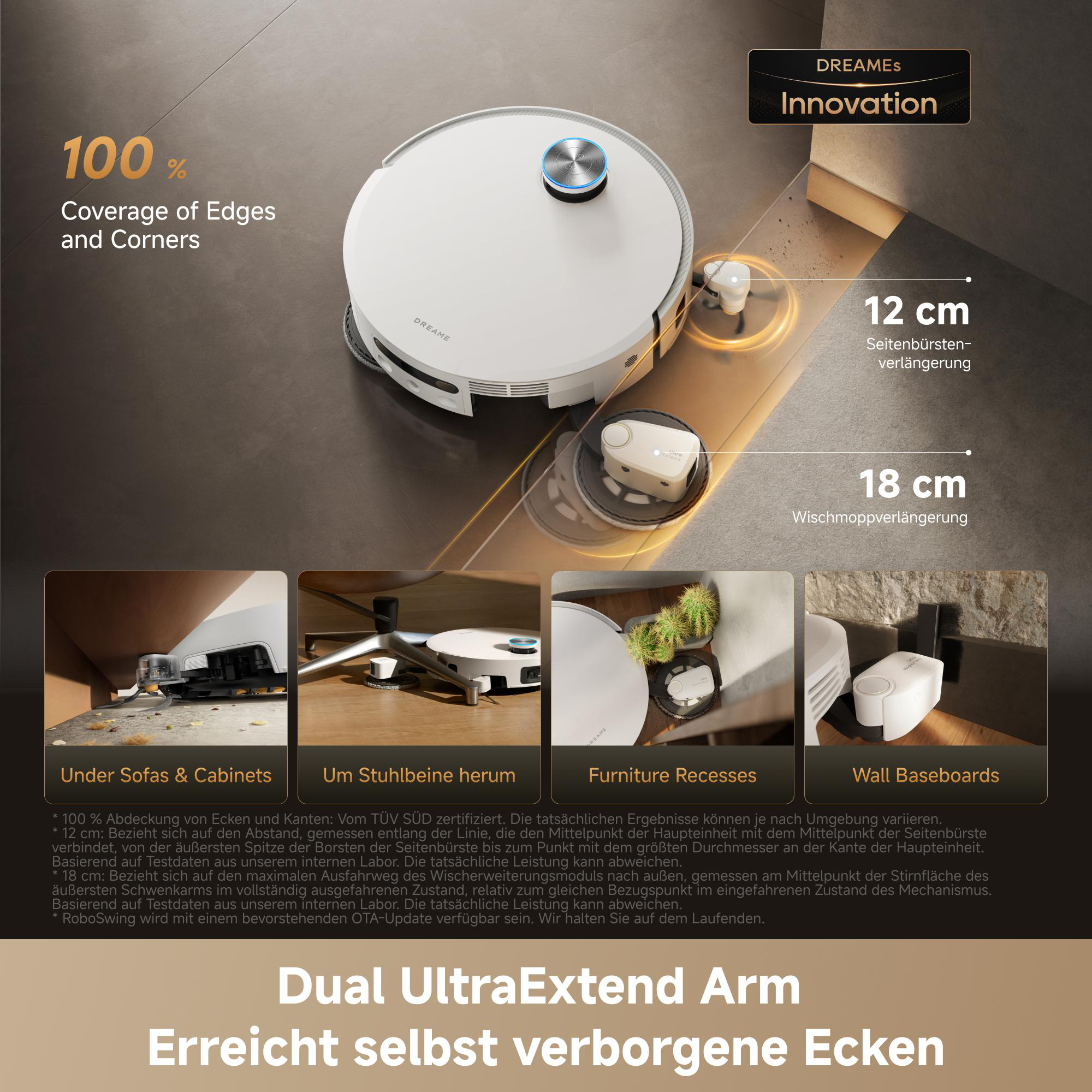 Ein weißer Saugroboter mit 100% Abdeckung von Ecken und Kanten.