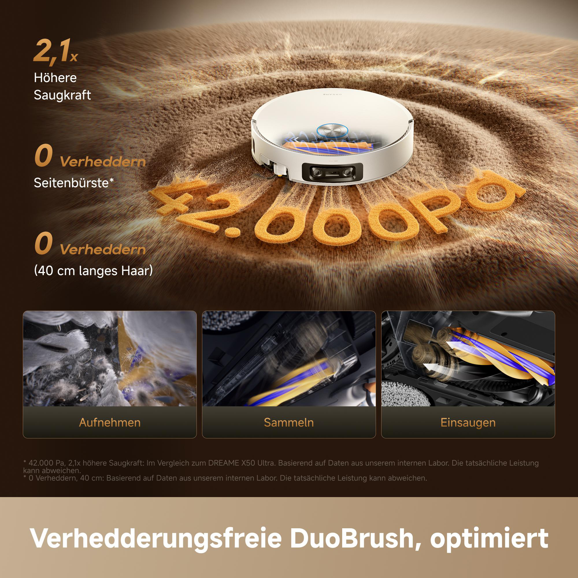 Ein Saugroboter saugt Teppichboden, mit Text über höhere Saugkraft und Bürste.