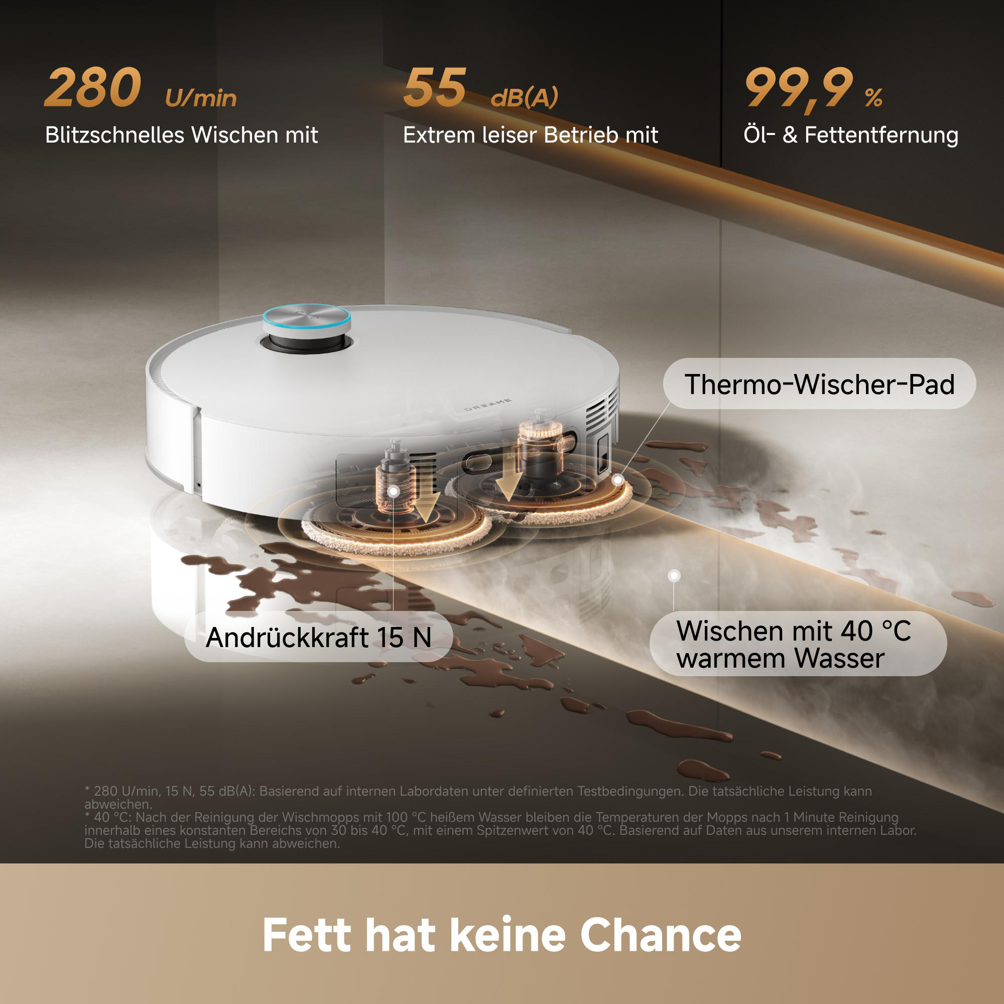 Ein weißer Saugroboter mit rotierenden Wischpads, der Schmutz auf dem Boden aufnimmt.