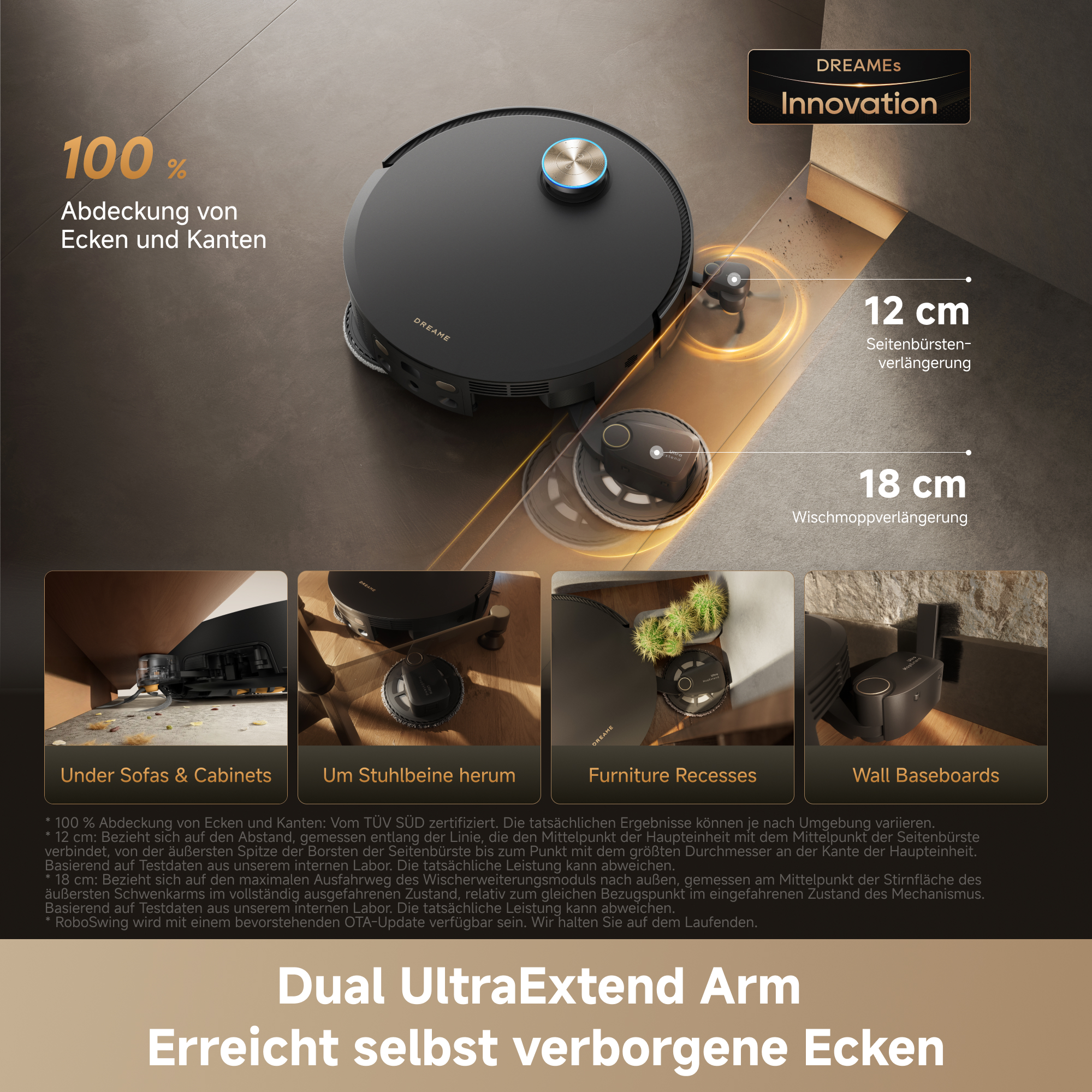 Ein Saugroboter von Dreame mit 100 % Abdeckung von Ecken und Kanten.