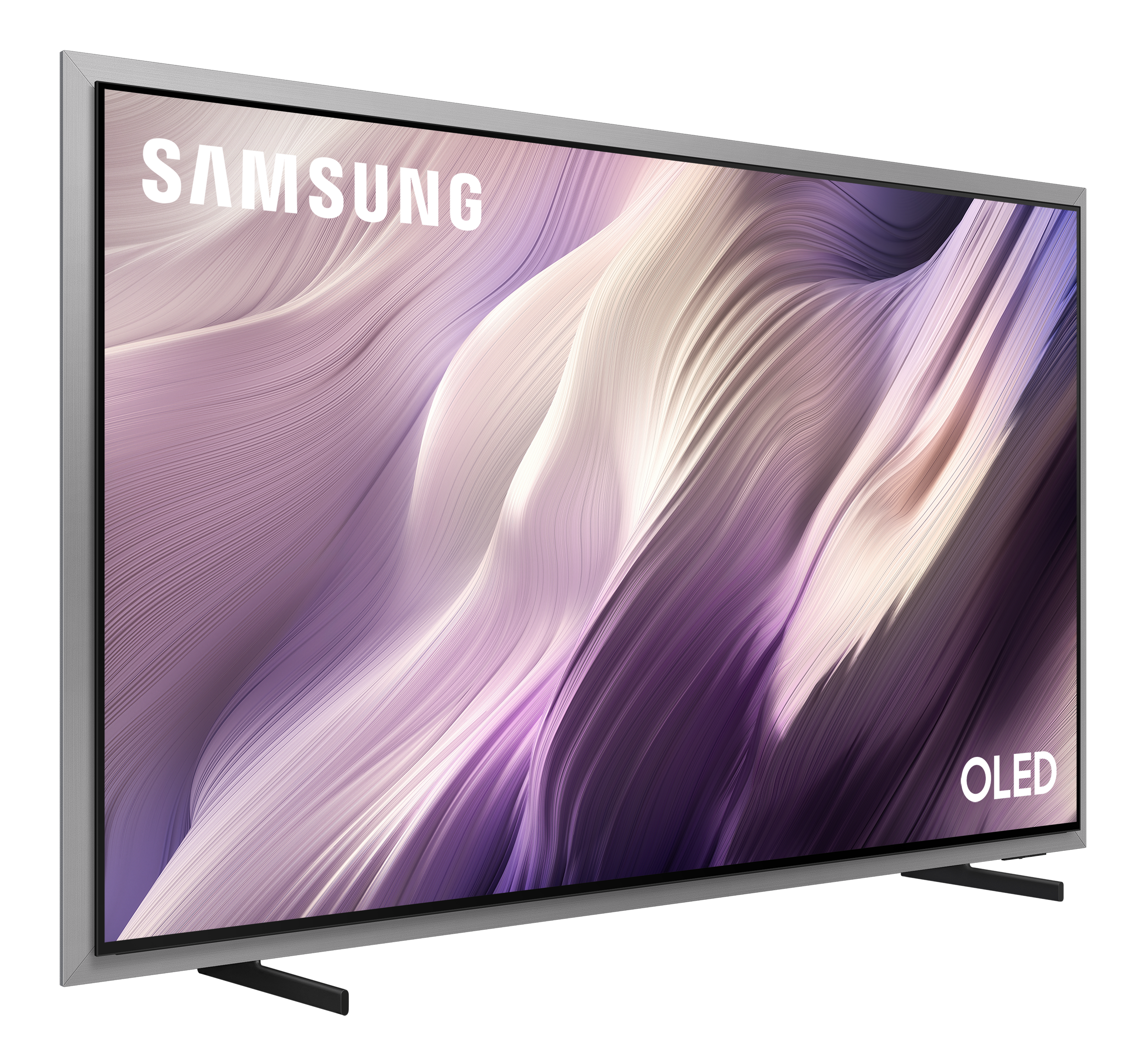 Telewizor Samsung OLED z srebrną ramką na czarnym tle.