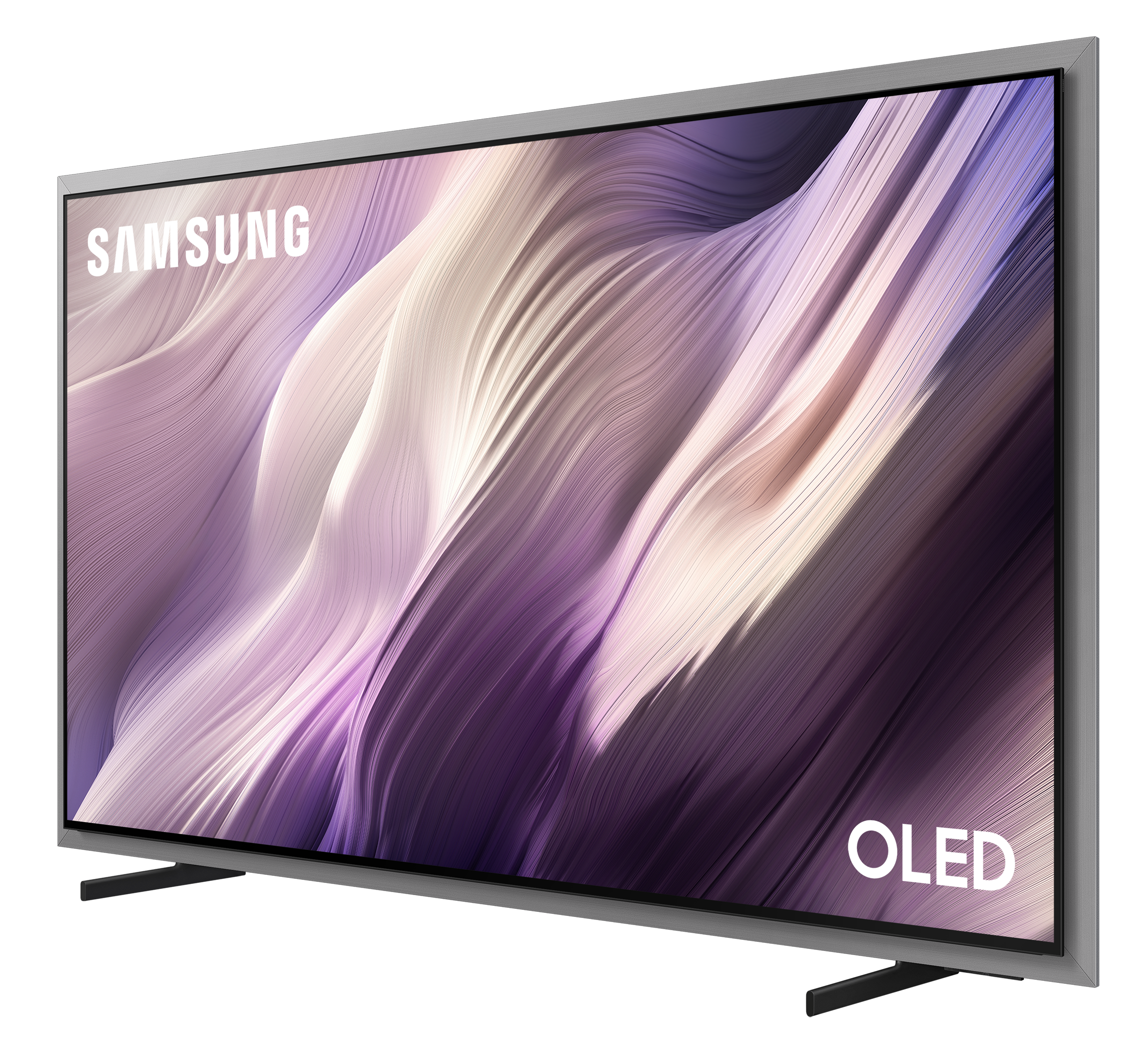 Telewizor Samsung OLED z abstrakcyjnym fioletowym wzorem na ekranie.