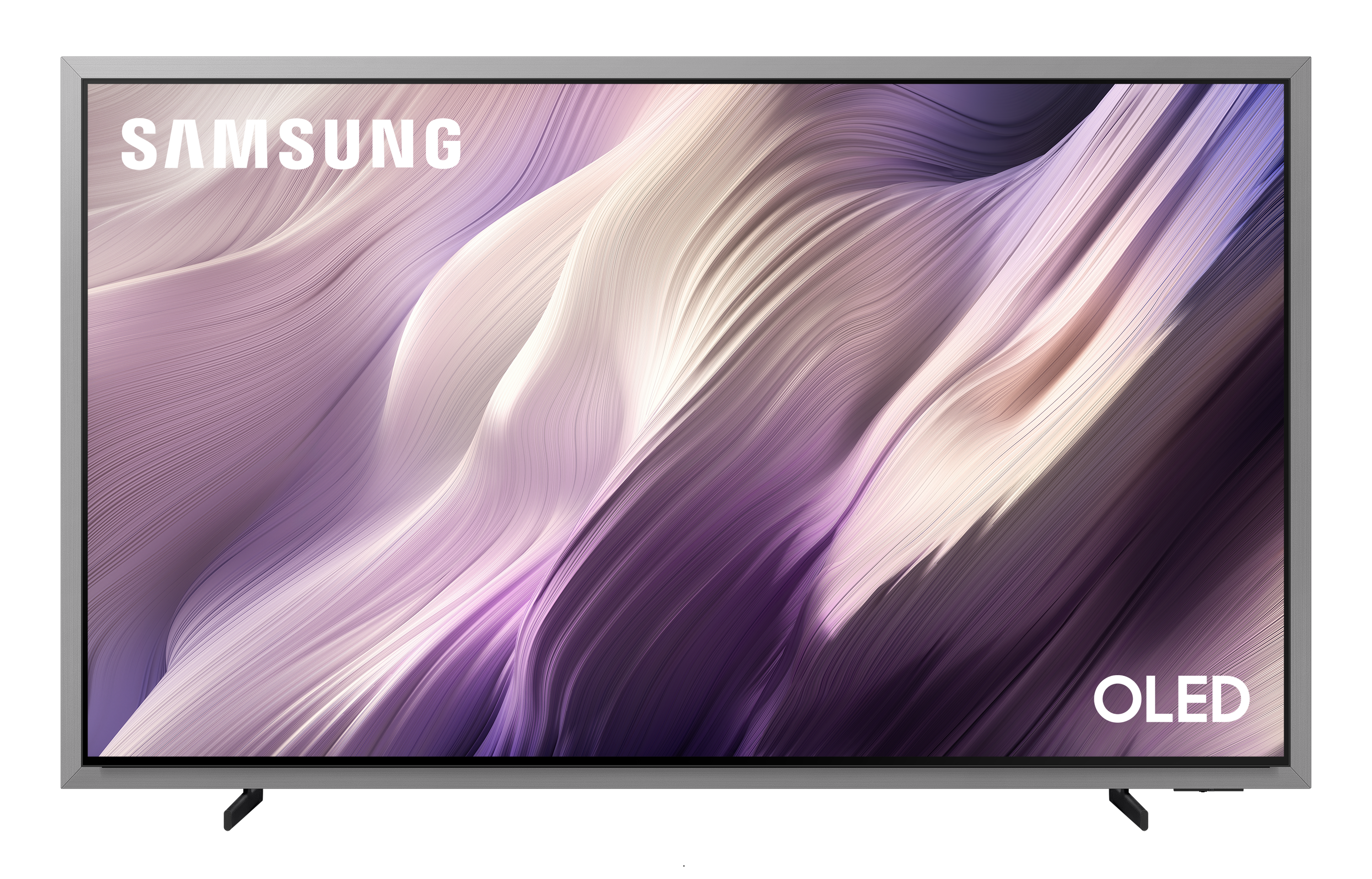 Telewizor Samsung OLED z srebrną ramką wyświetla abstrakcyjną grafikę w odcieniach fioletu i beżu.
