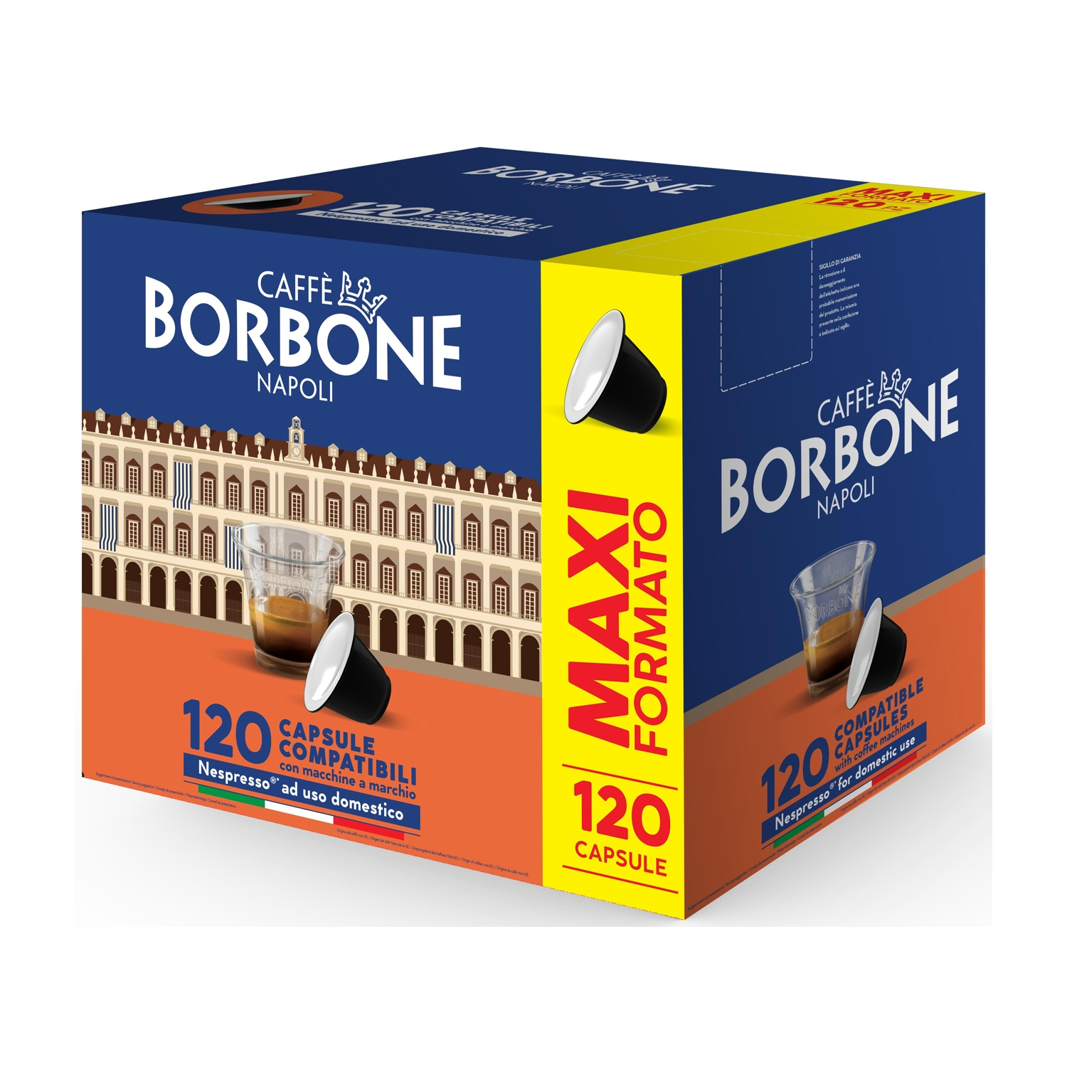 Scatola da 120 capsule caffè Borbone, compatibili con macchine Nespresso.