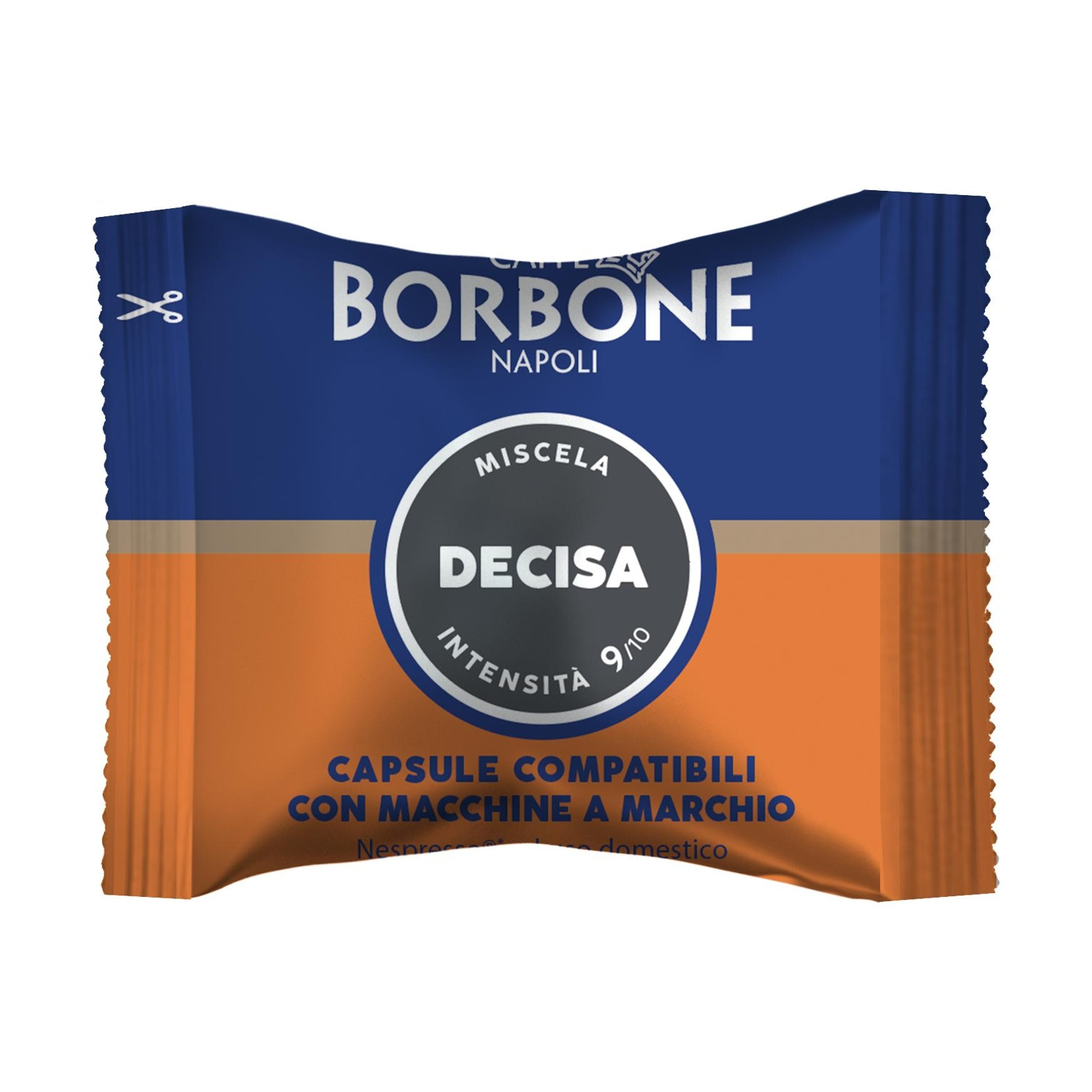 Capsula caffè Borbone, blu e arancione, etichettata 'Decisa'.