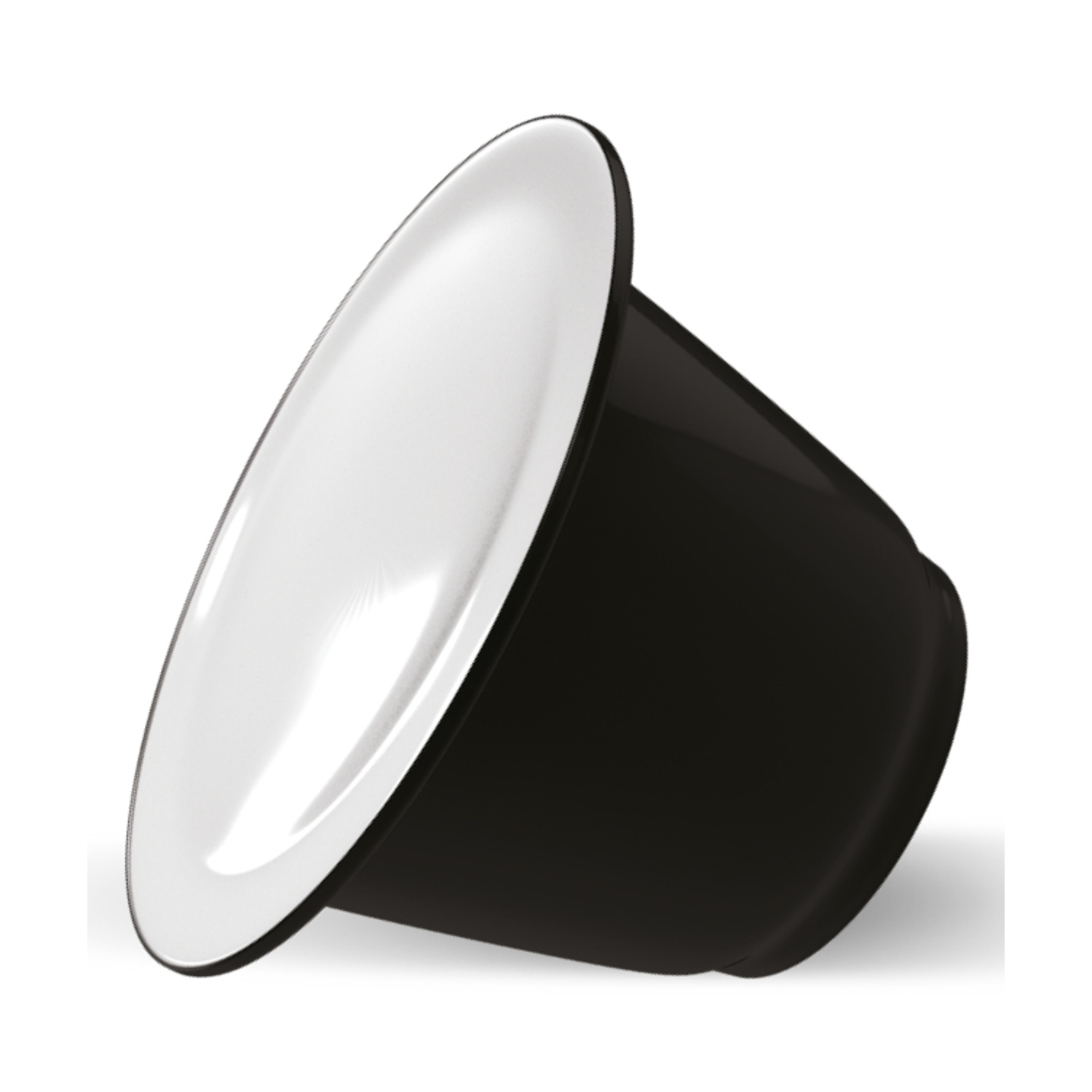 Capsula da caffè nera con coperchio bianco, vista di lato.