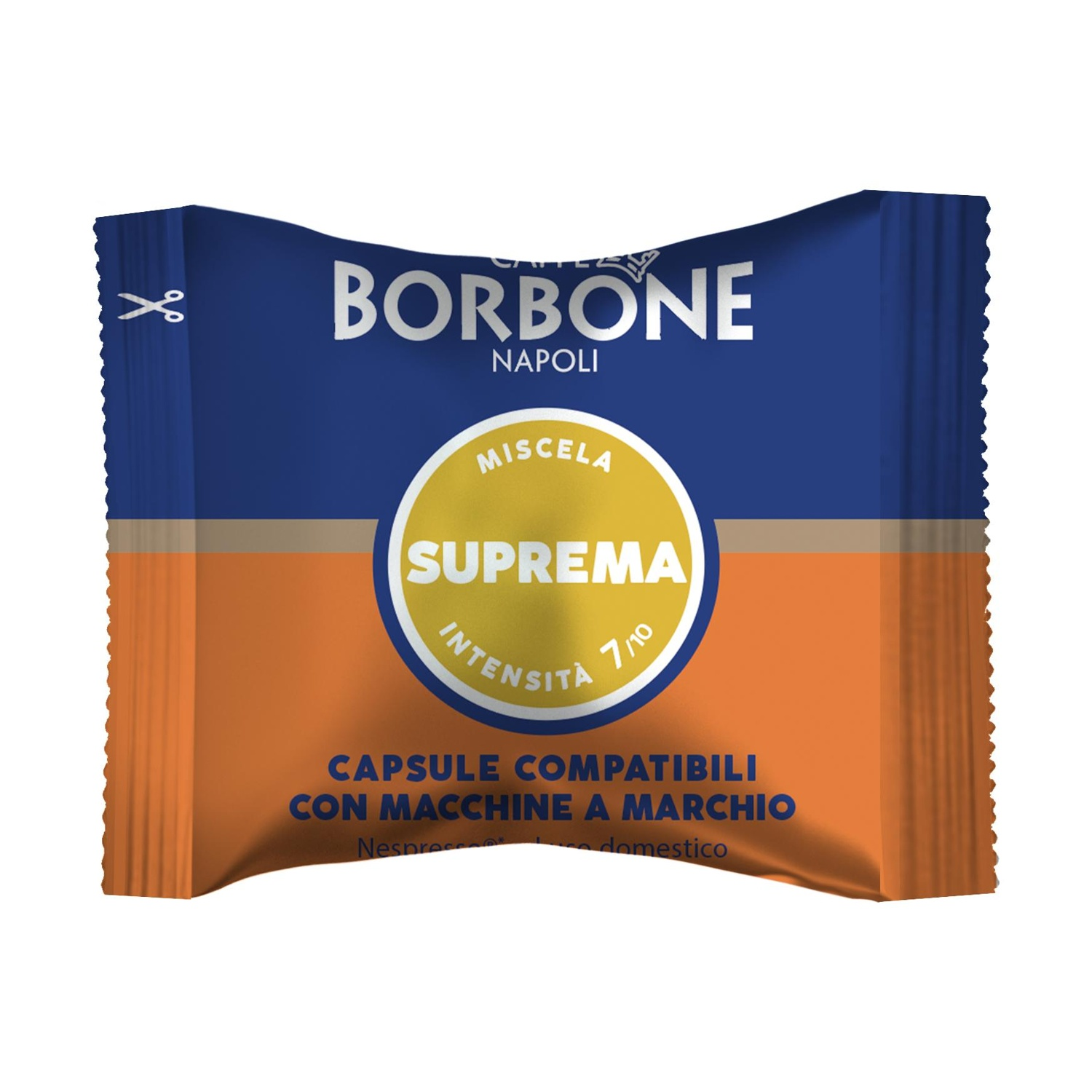 Capsula caffè Borbone Suprema, blu e arancio, con segno di taglio.