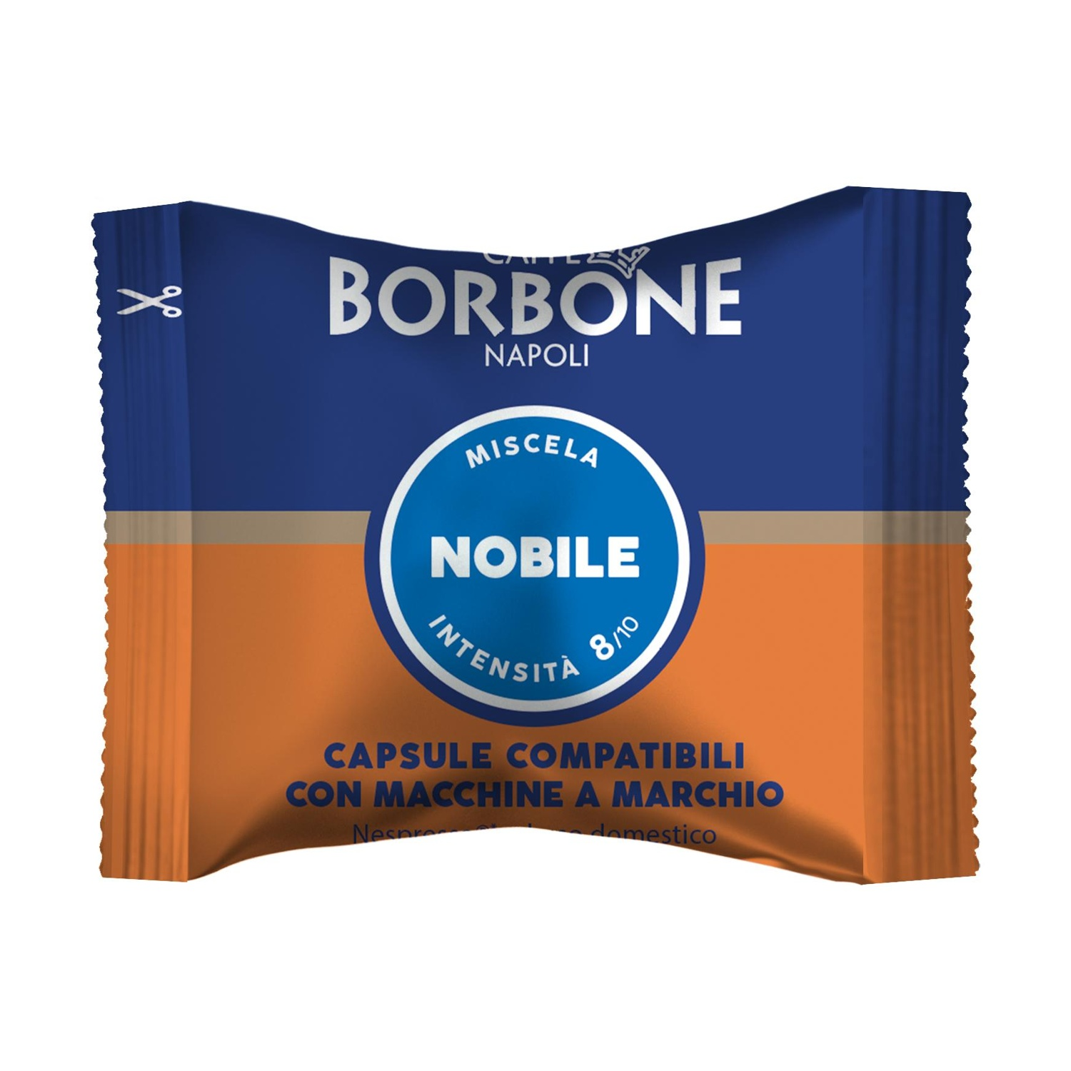 Capsula caffè Borbone Nobile, blu e arancione, intensità 8/10.