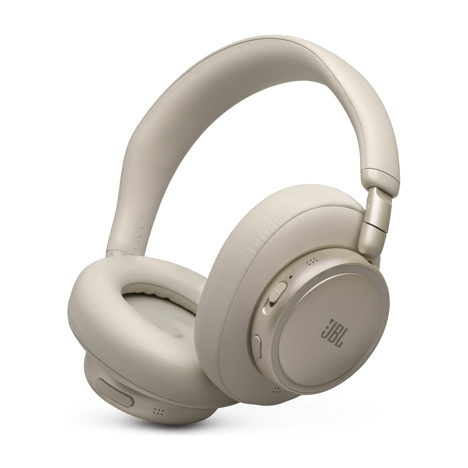 Cuffie JBL beige con padiglioni imbottiti e fascia regolabile.