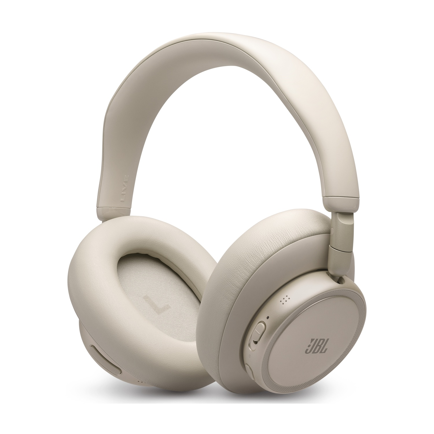 Un auricolare wireless JBL Live 660NC beige è mostrato su sfondo bianco.