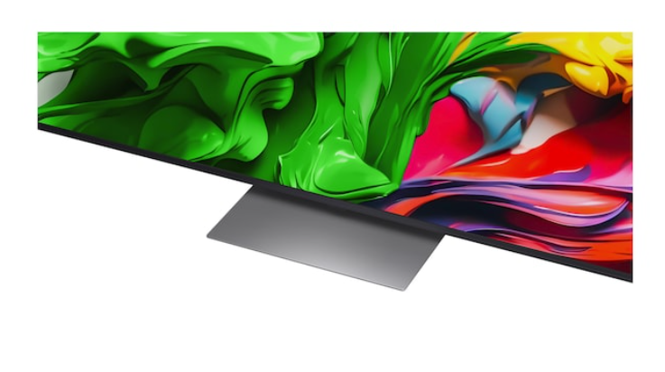 Modern bir TV, ön planda şık bir stant ve renkli, akıcı bir grafik gösteriyor.