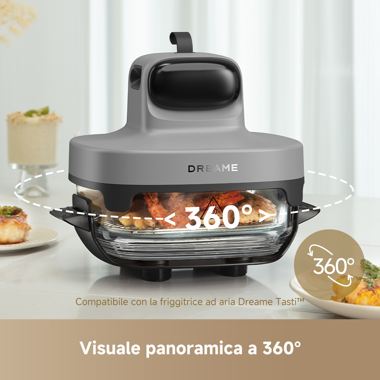 Coperchio friggitrice ad aria Dreame grigio con vista 360° sul cibo.