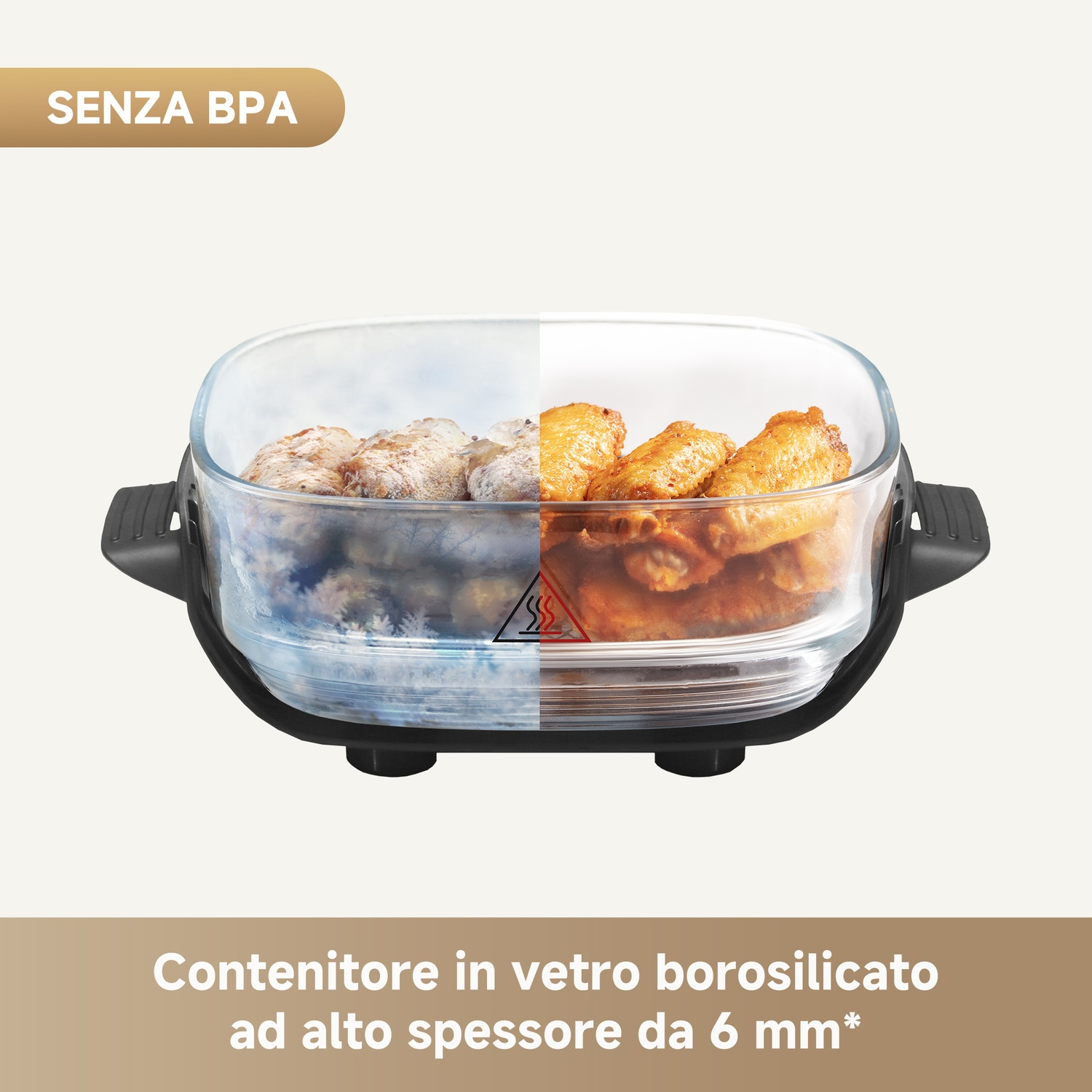 Contenitore in vetro con pezzi di pollo congelati e fritti. Senza BPA.