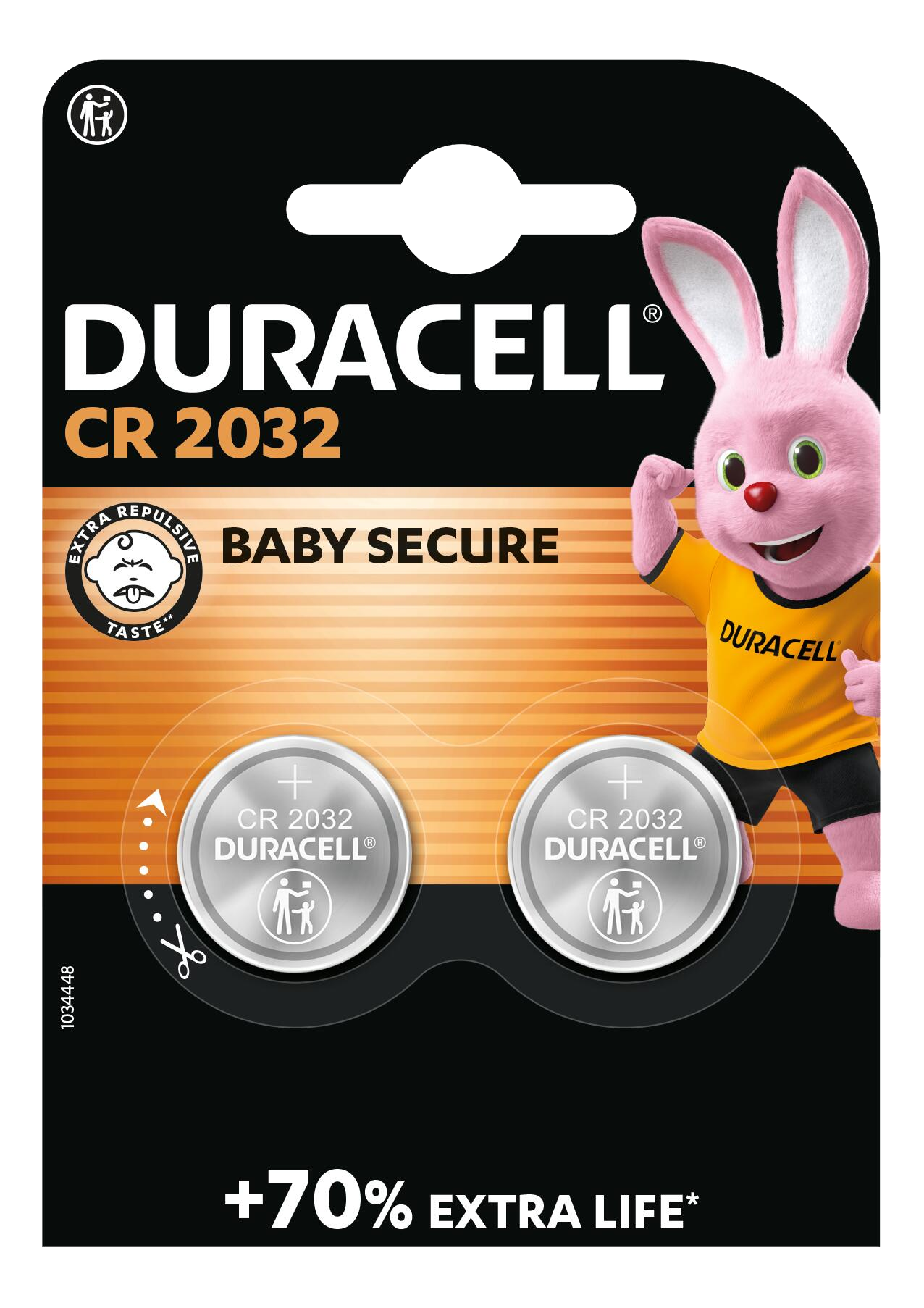 Duracell CR 2032 Batterien mit einem rosa Hasen, Babysicherung und +70% mehr Laufzeit.