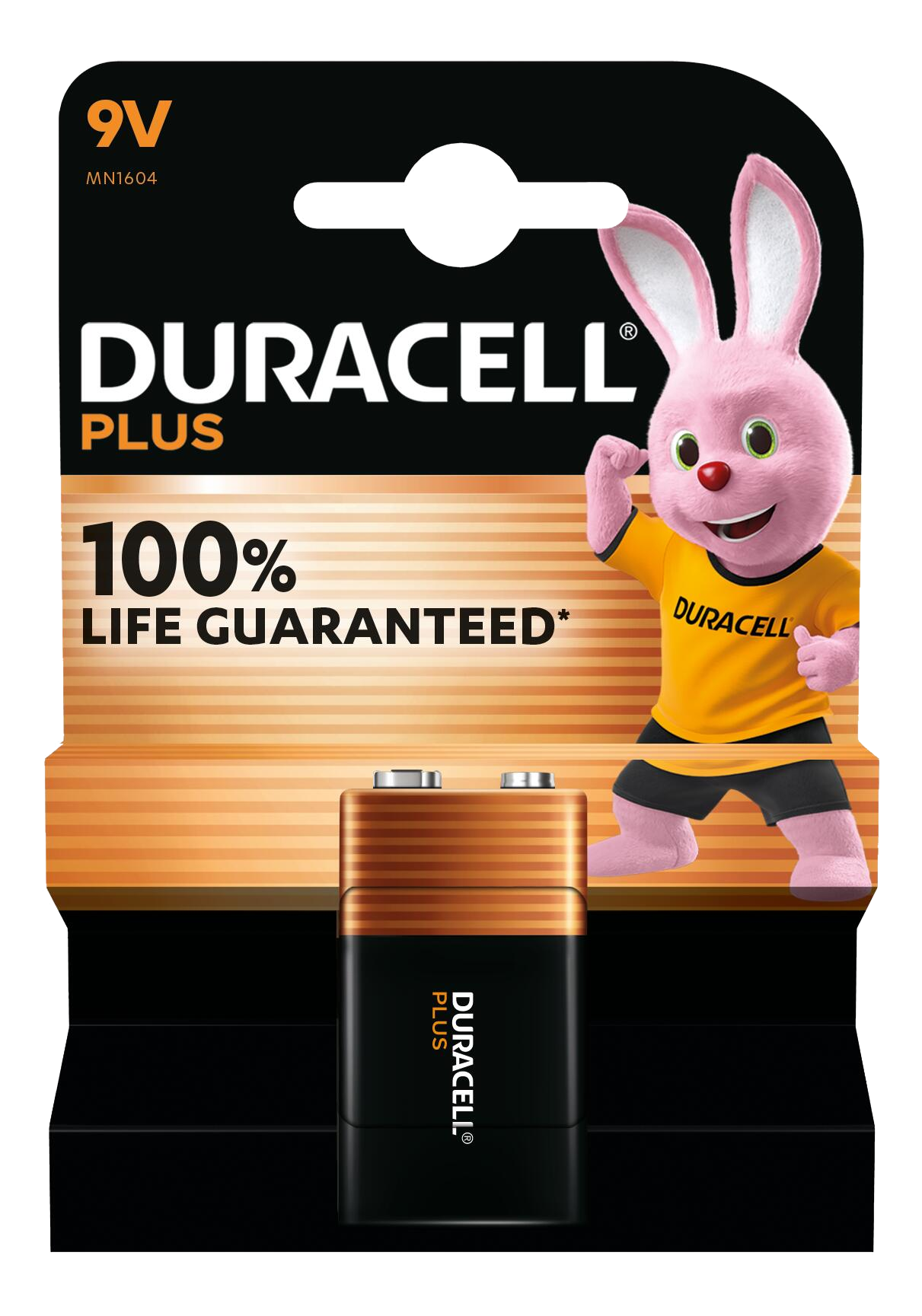 Emballage de pile Duracell 9V avec lapin rose et pile.