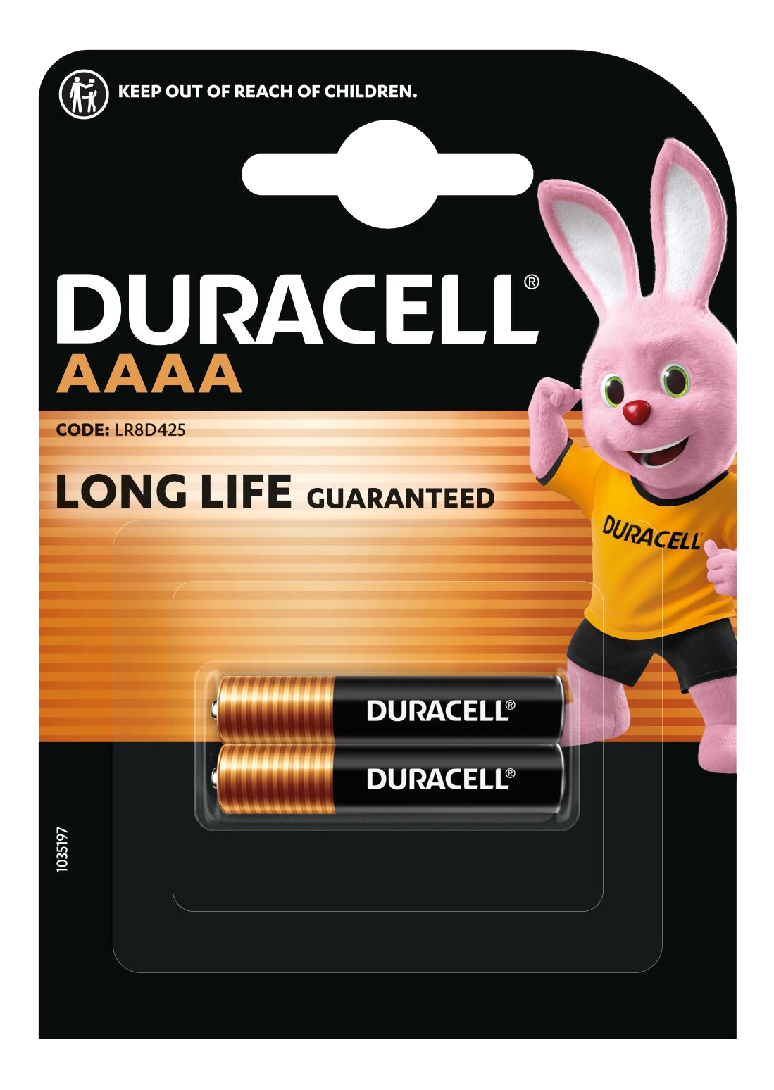 Duracell AAAA Batterien mit pinkem Kaninchen-Maskottchen, Warnung: Von Kindern fernhalten.