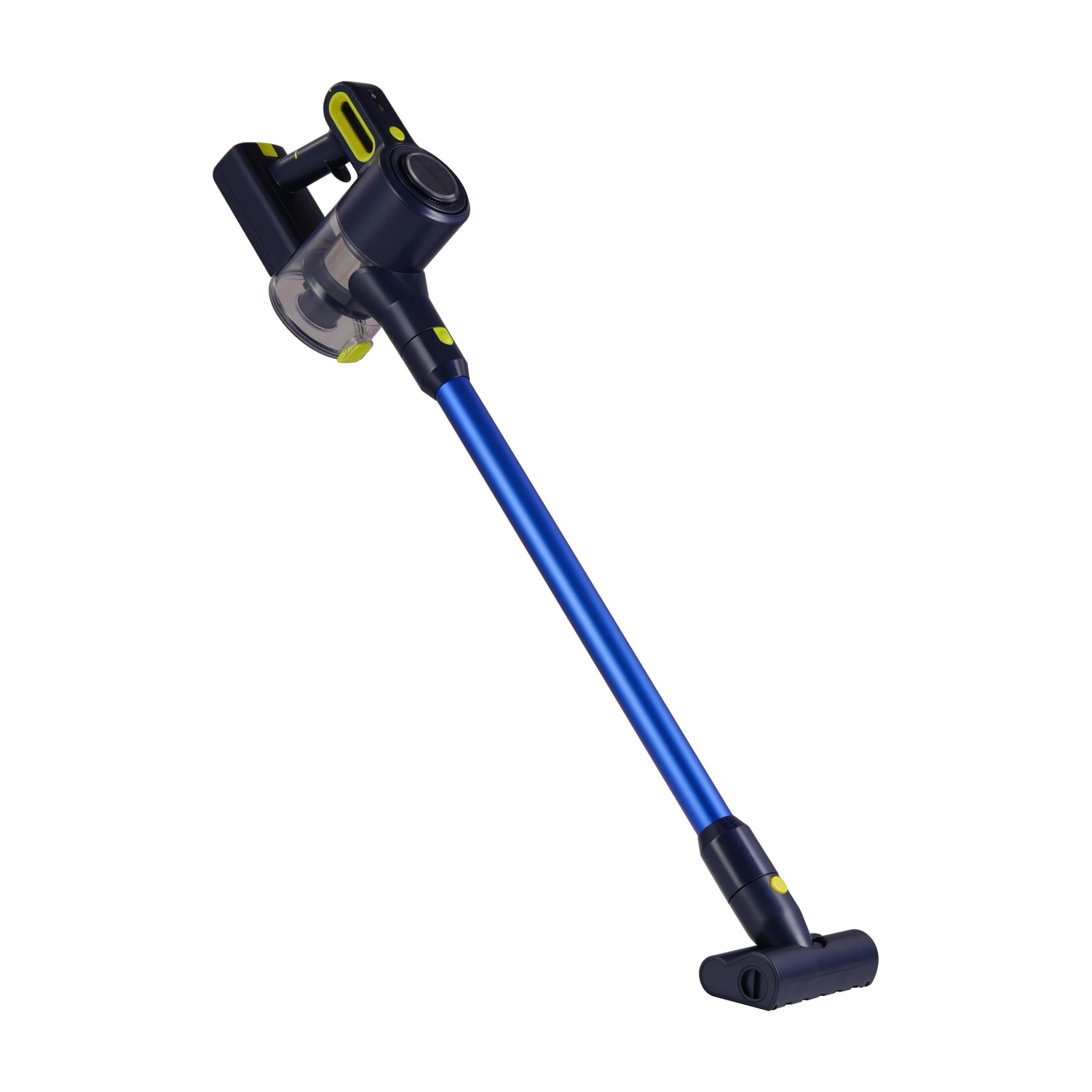 Aspirapolvere portatile blu scuro con tubo blu e accenti gialli su bianco.