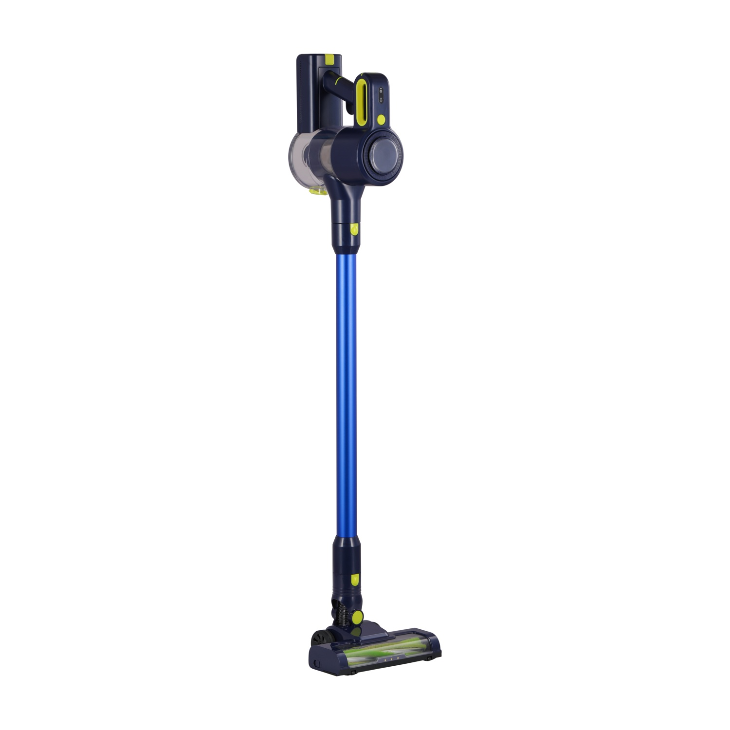 Un aspirapolvere senza fili blu scuro e verde con manico blu.