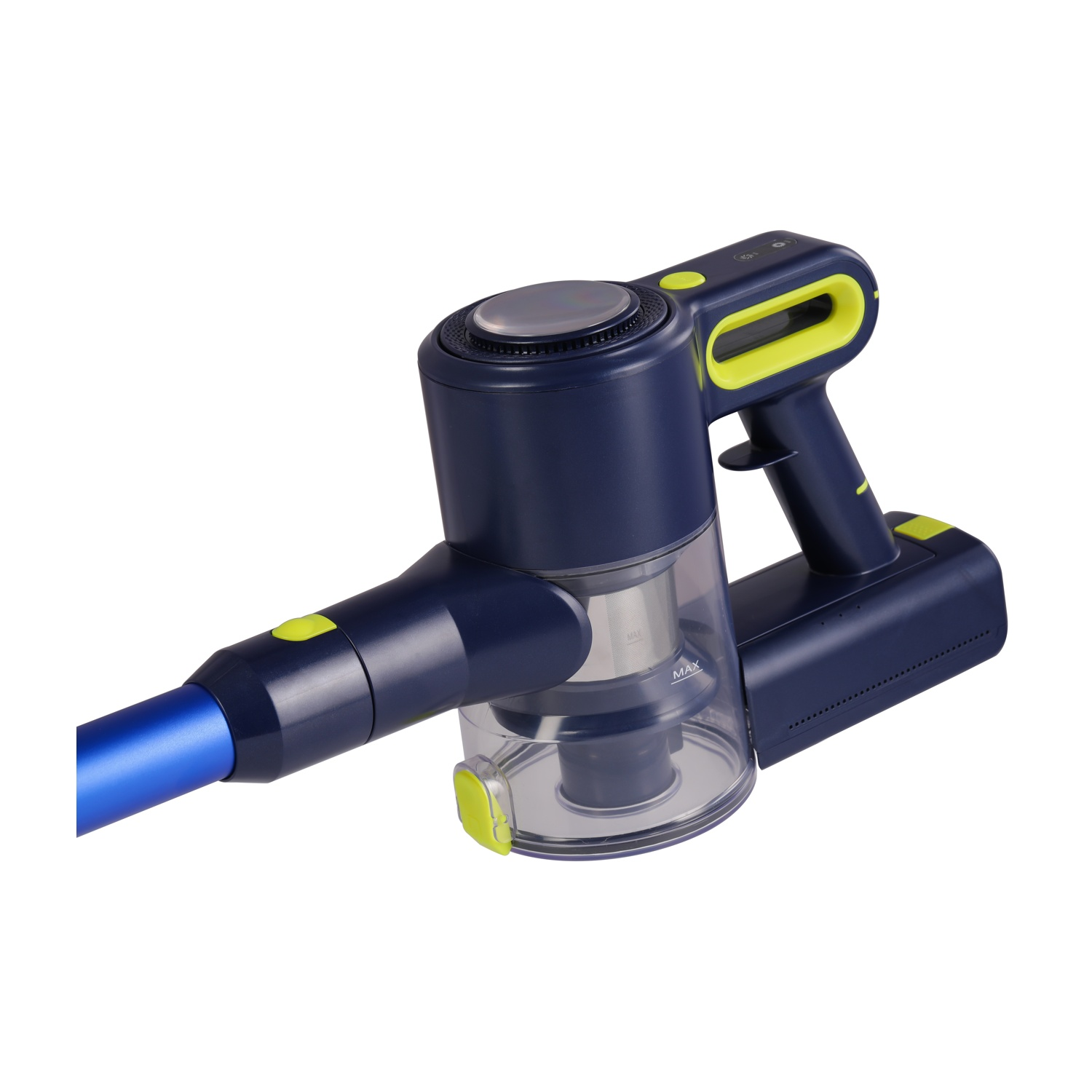 Un aspirapolvere portatile blu scuro e giallo con contenitore polvere trasparente.