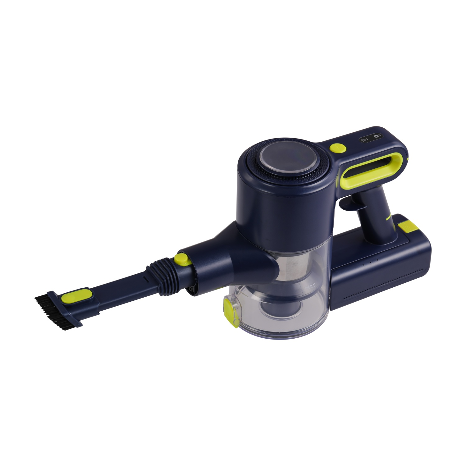 Un aspirapolvere portatile blu scuro con accenti gialli e spazzola.