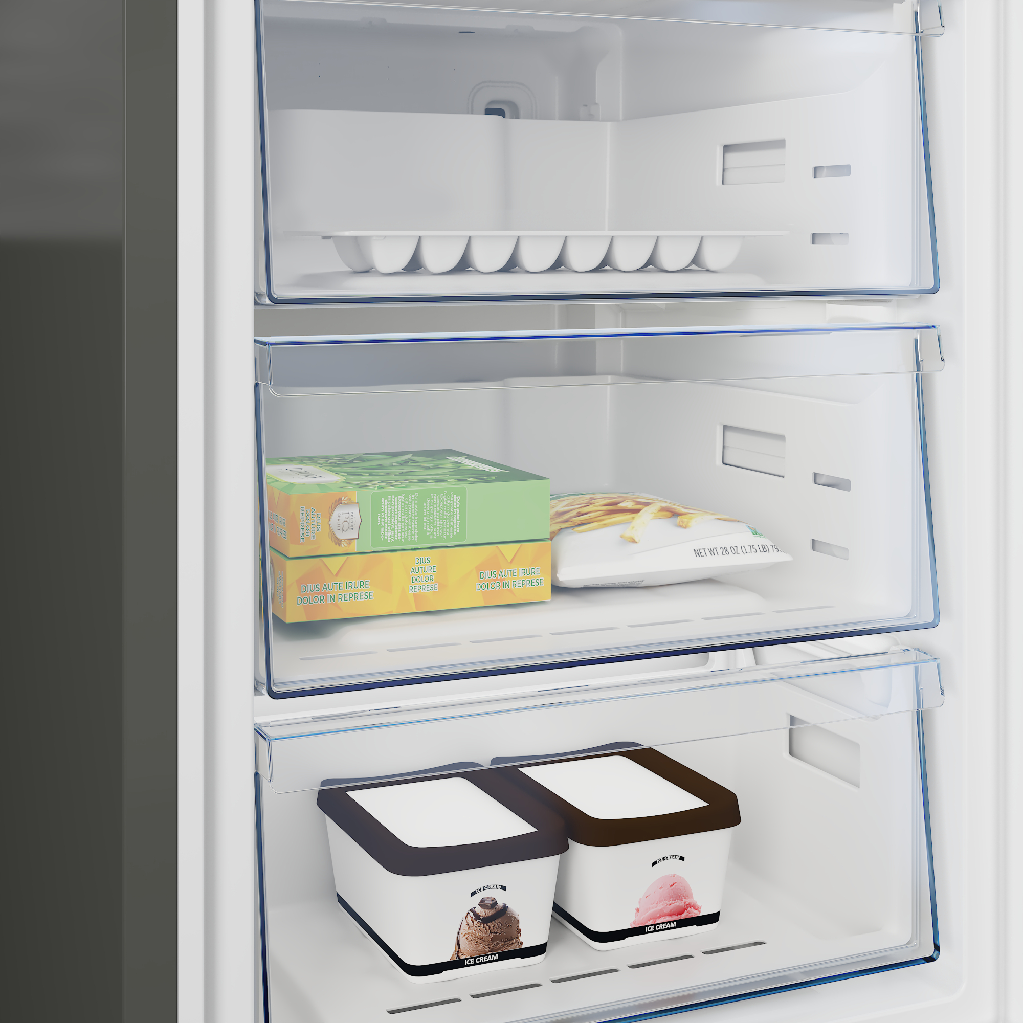 Kühlschrankinnenraum mit drei Schubladen. Oben Eiswürfelform. Mitte Tiefkühlkost. Unten Eiscreme.