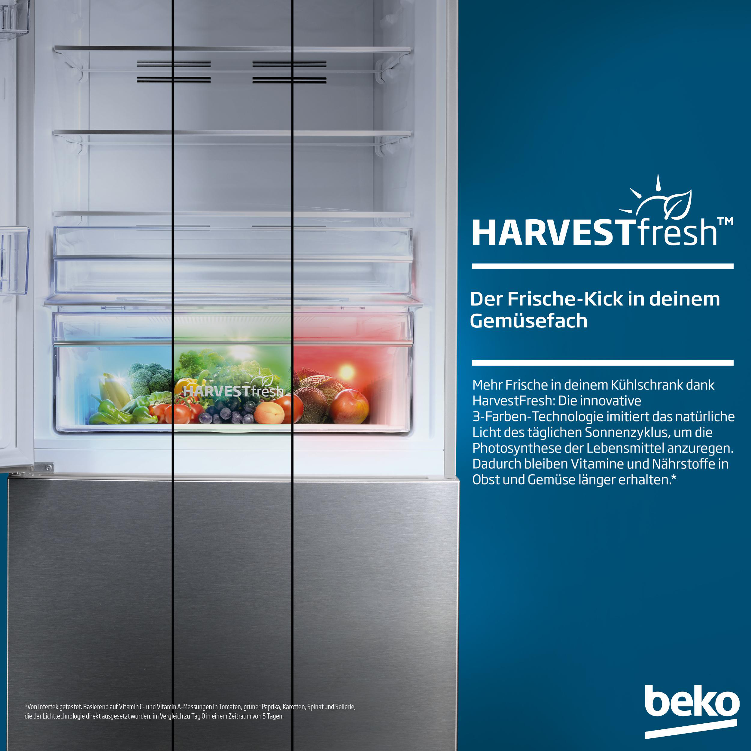 Ein Kühlschrank-Gemüsefach mit Obst und Gemüse, beleuchtet von HarvestFresh Technologie.