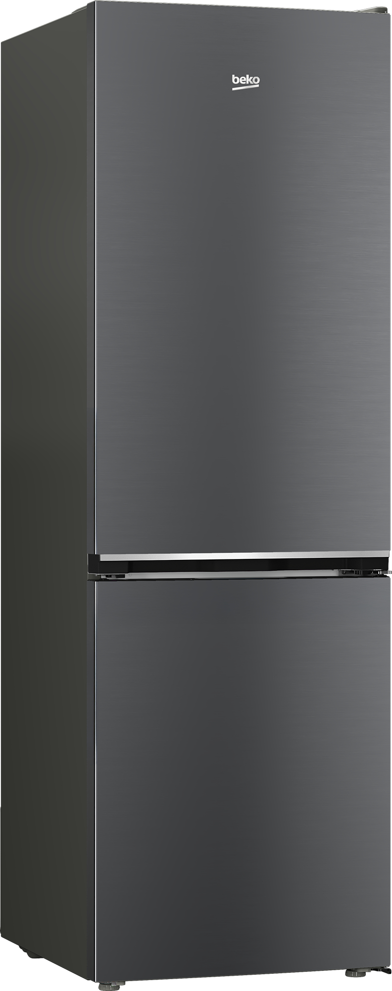 Ein dunkelgrauer Beko-Kühlschrank mit zwei Türen, eine über der anderen.