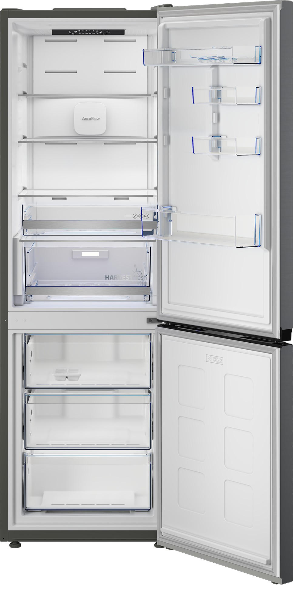 Ein leerer Kühlschrank mit offener Tür, Regalen und Schubladen.