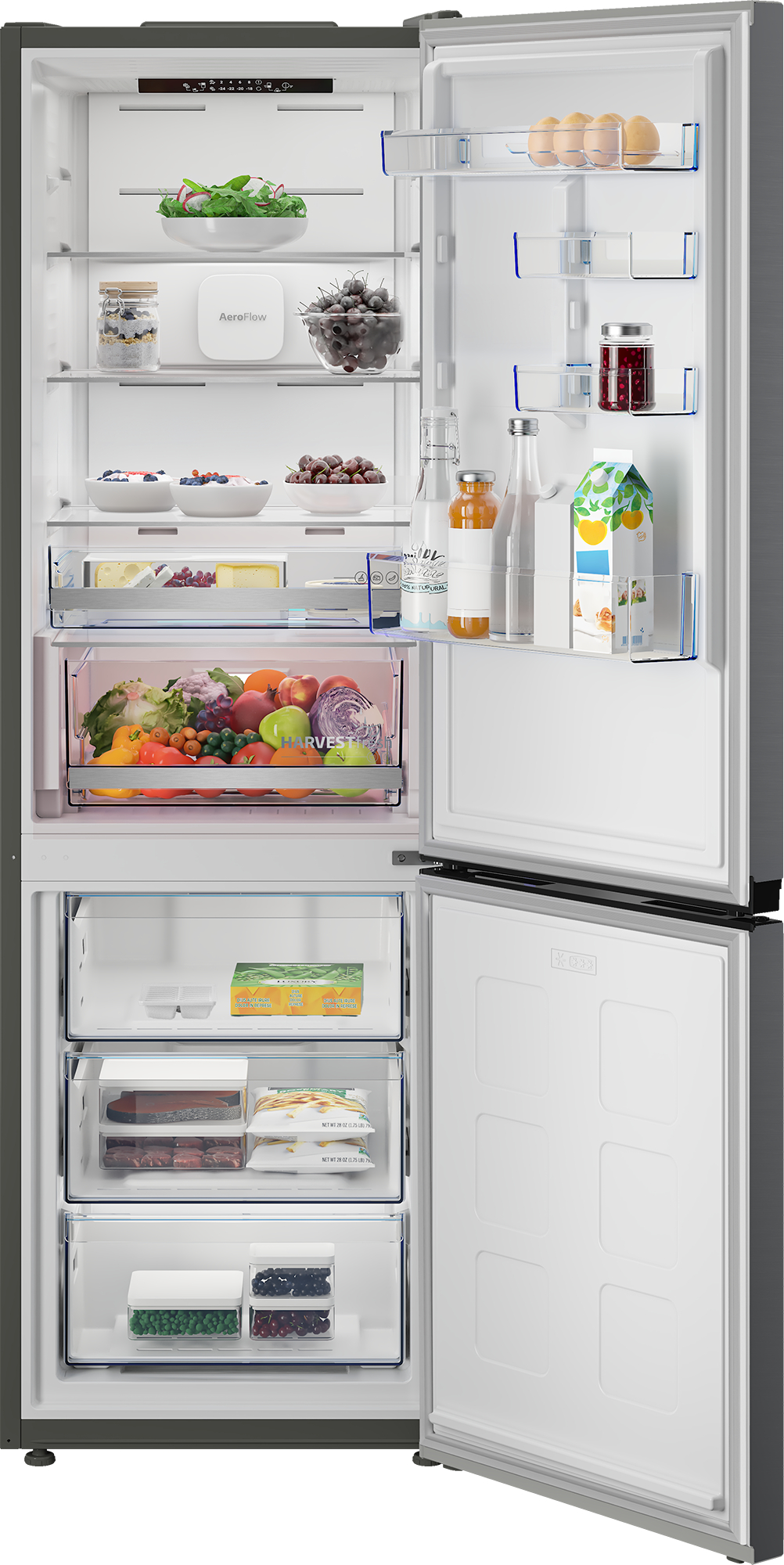 Ein offener Kühlschrank mit Obst, Gemüse, Eiern, Getränken und gefrorenen Lebensmitteln.