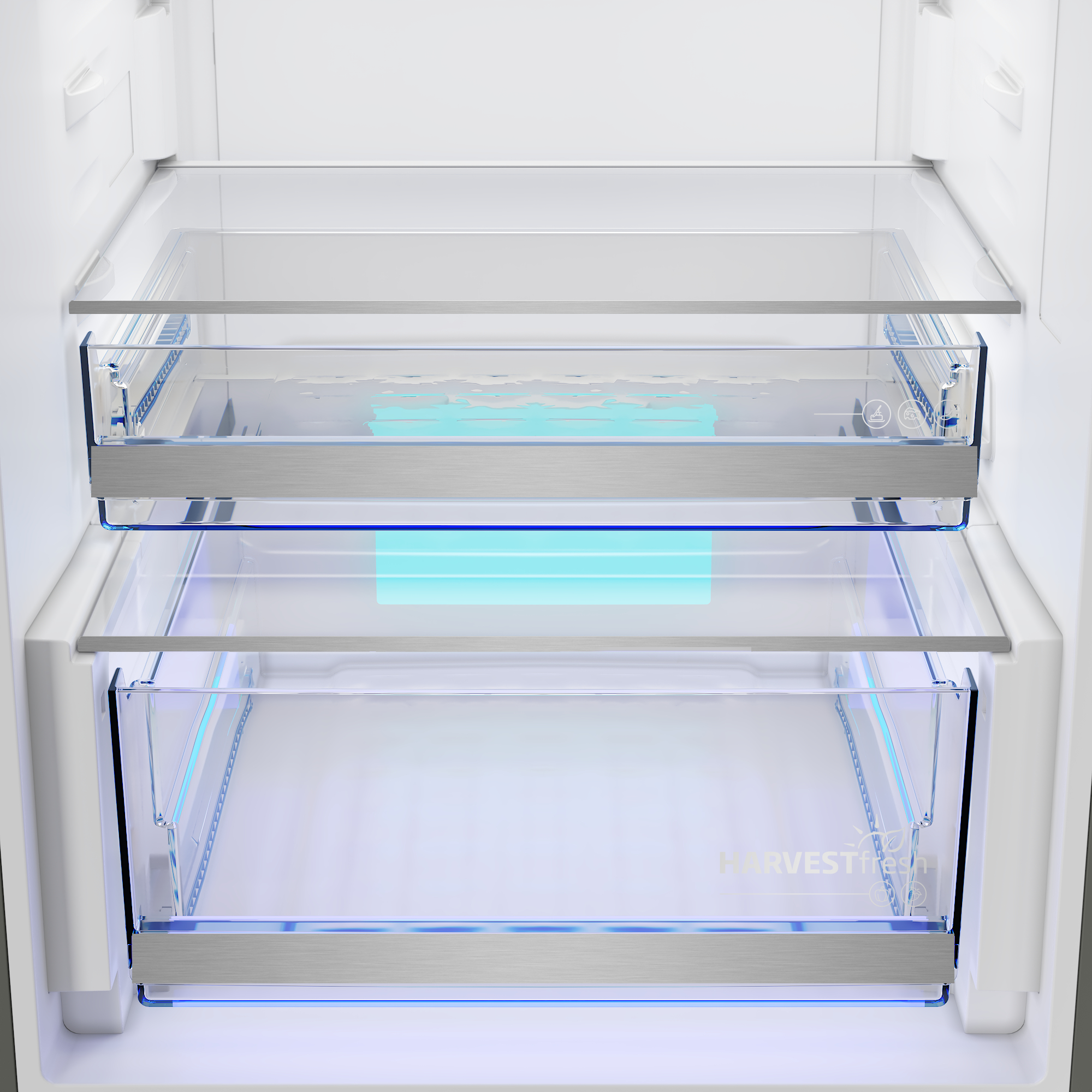 Innenansicht eines leeren Kühlschranks mit zwei Glasfächern und blauer Beleuchtung.
