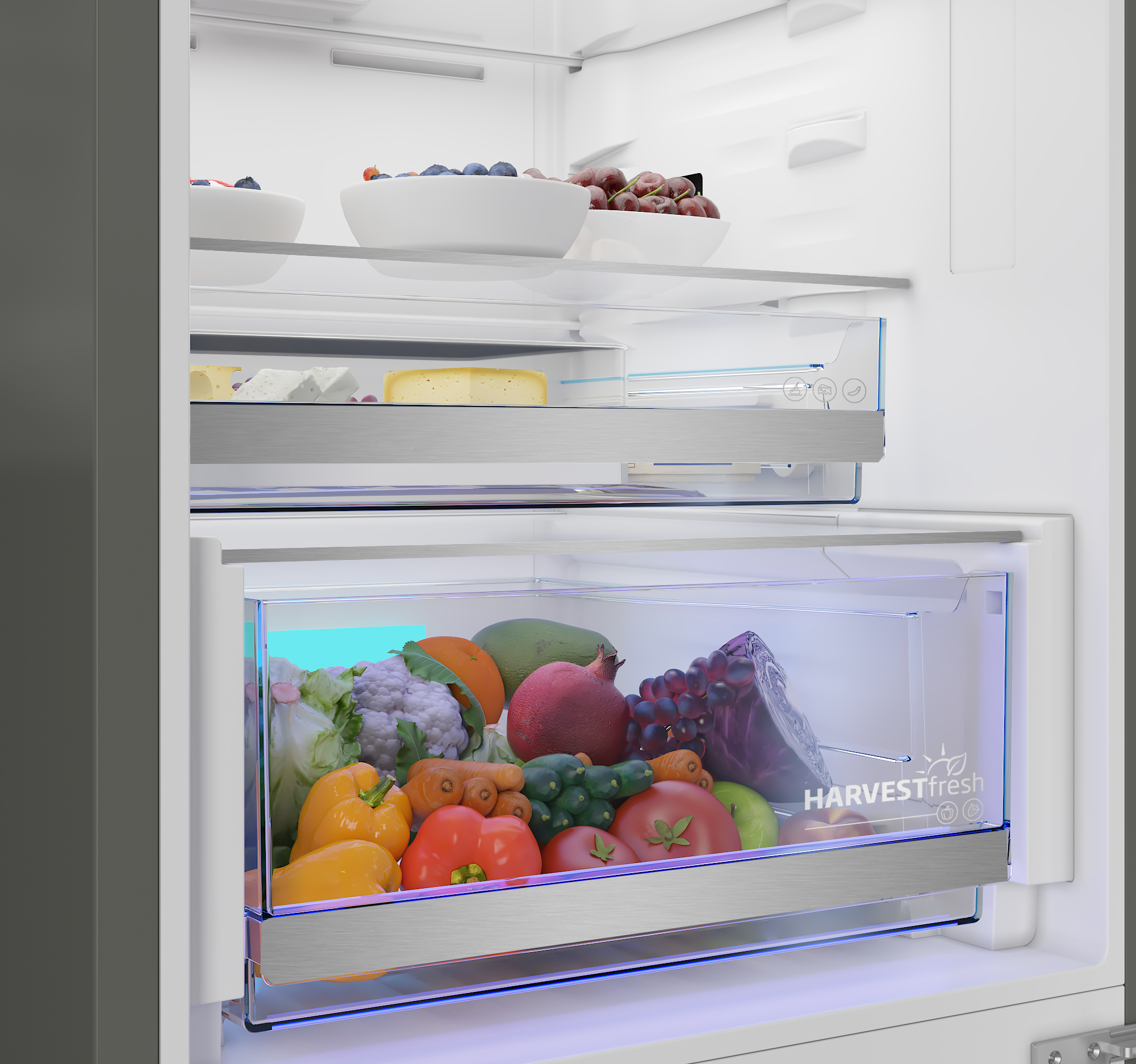 Obst- und Gemüseauszug im Kühlschrank mit Paprika, Tomaten und Trauben.