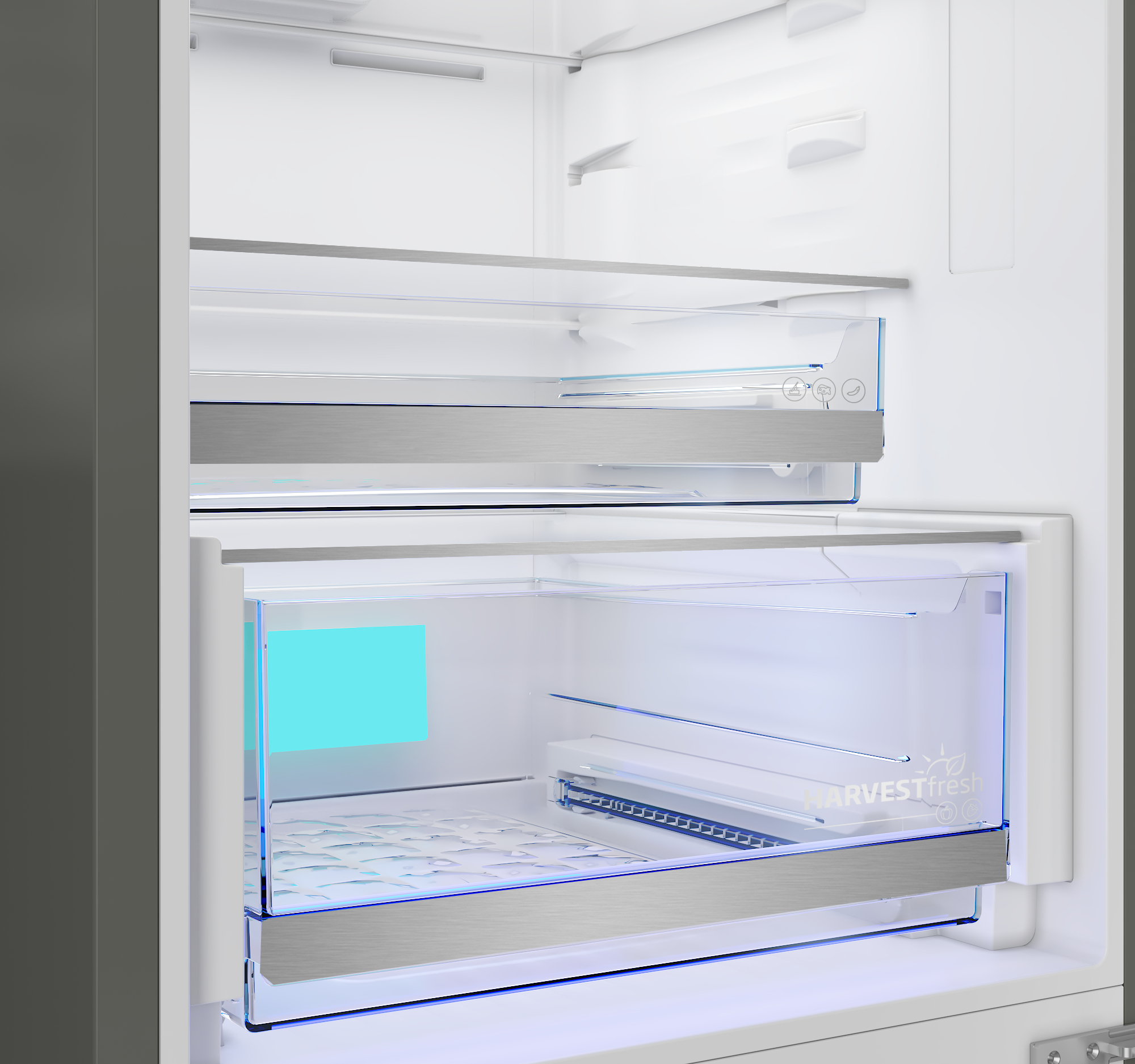 Innenraum eines Kühlschranks mit zwei transparenten Schubladen und blauem Licht.