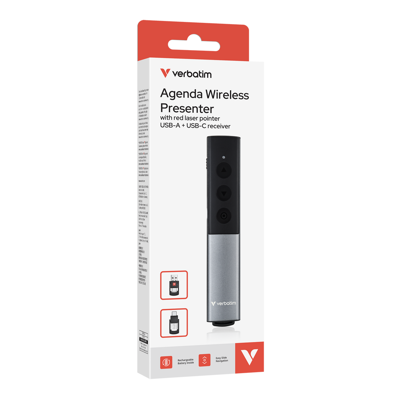 Verpackung eines schwarzen und silbernen Verbatim Agenda Wireless Presenters mit rotem Laserpointer.