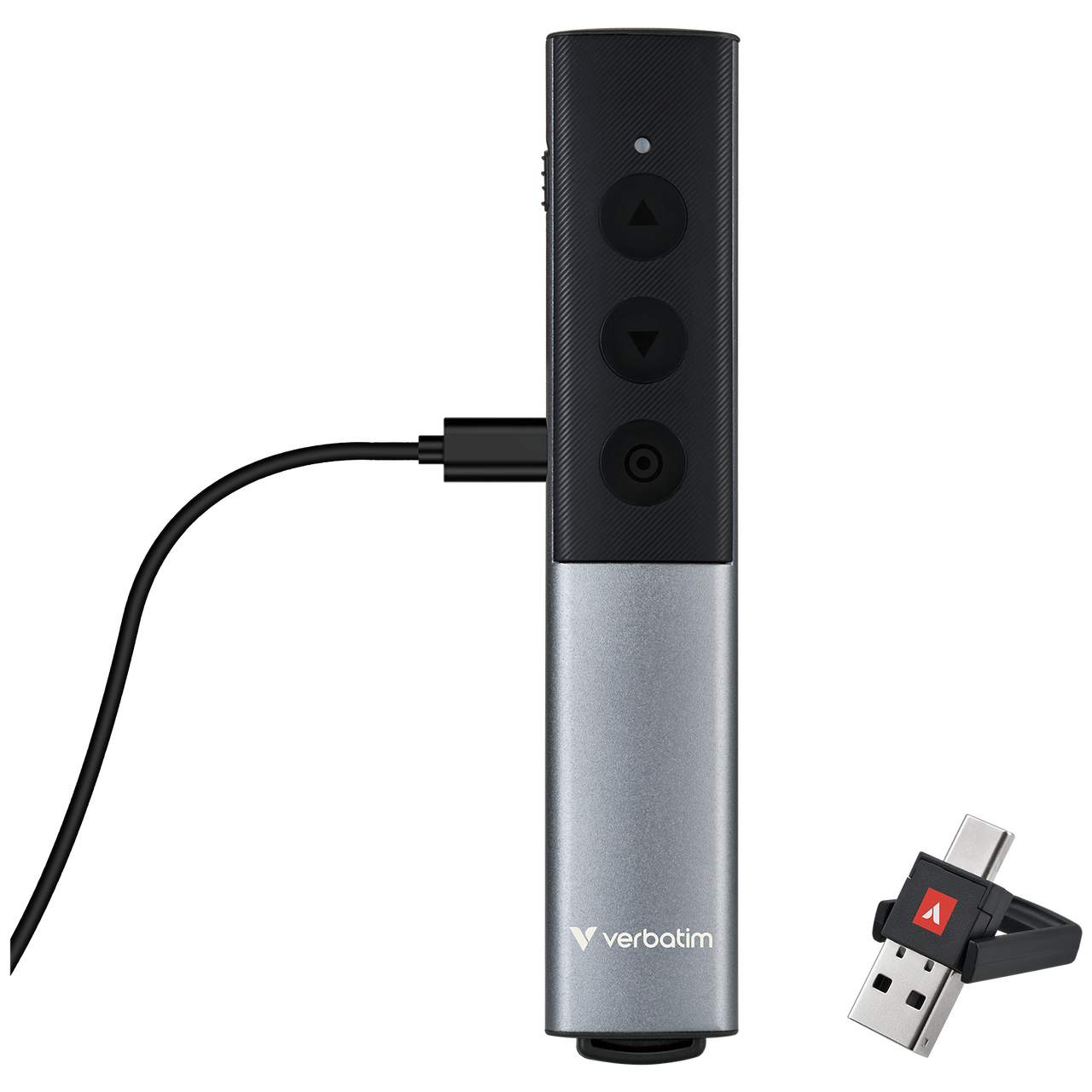 Ein silberner und schwarzer Verbatim USB-C-Stick mit einem Kabel und einem USB-A-Adapter.