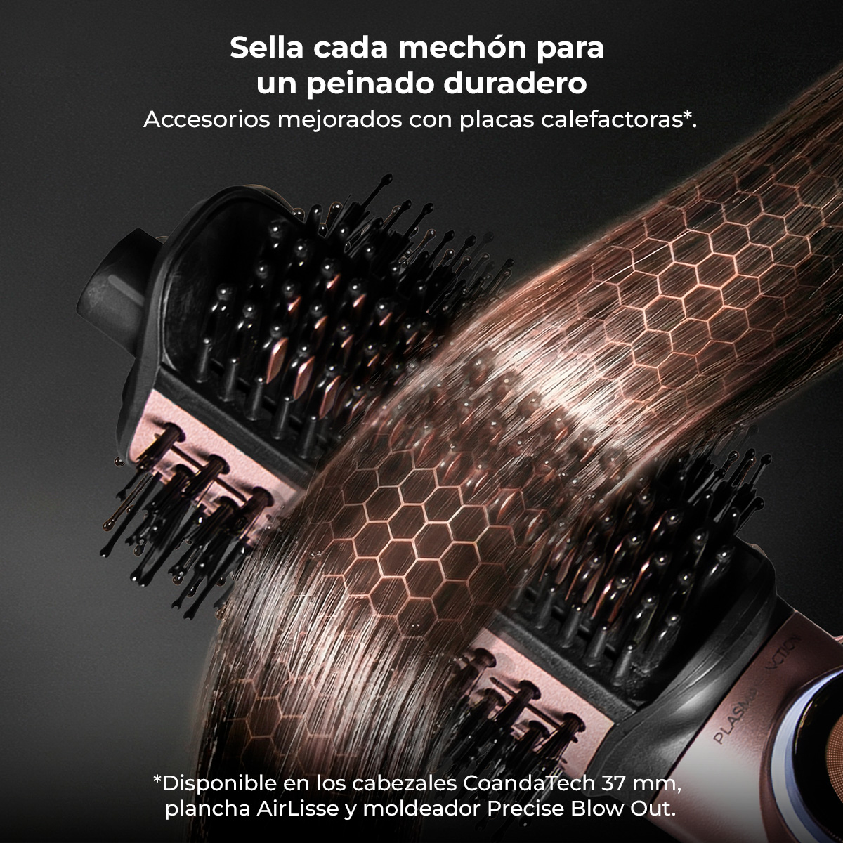 Un secador de pelo con cabezales de cepillo y cabello fino fluyendo.