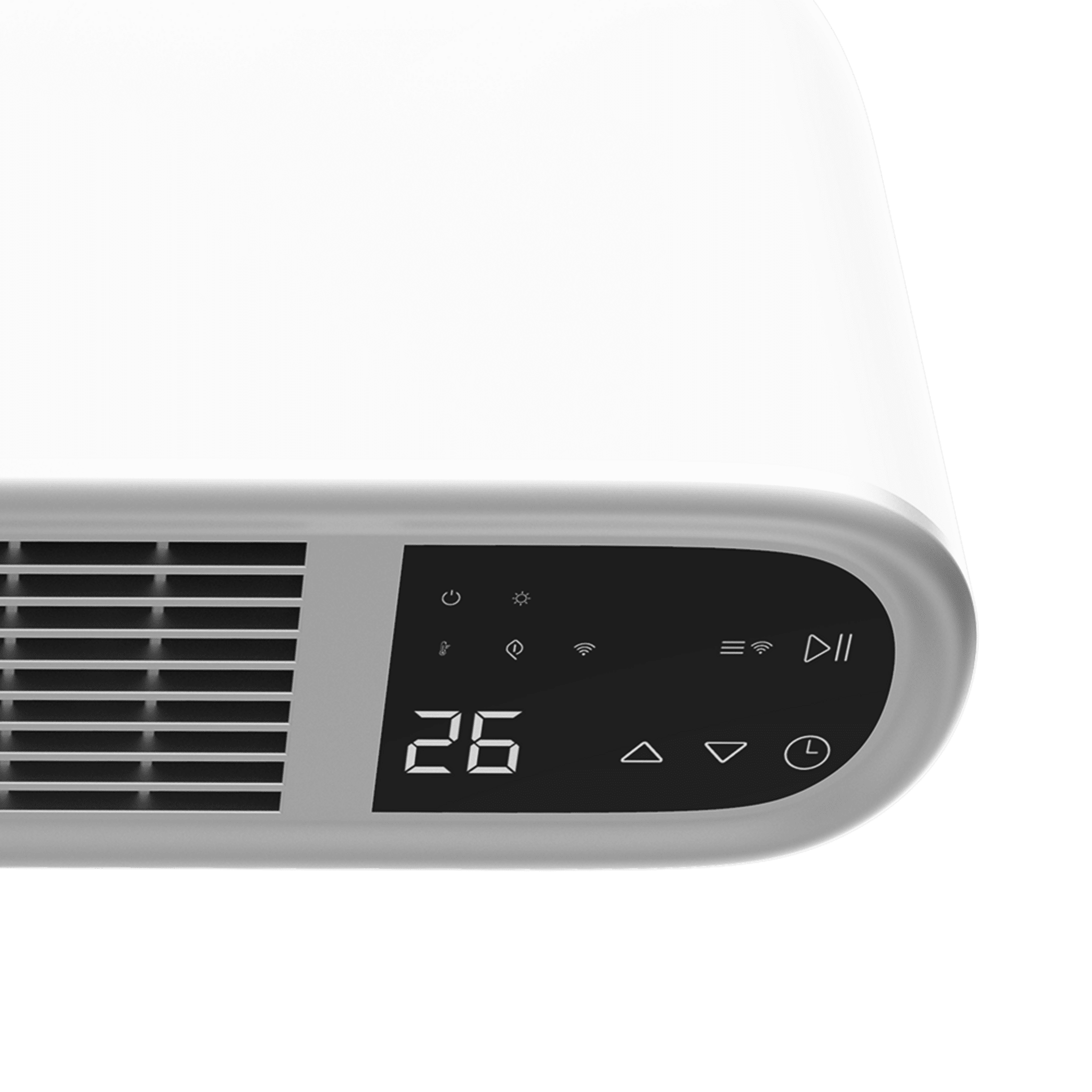 Un dispositivo blanco con pantalla digital que muestra 26 grados.